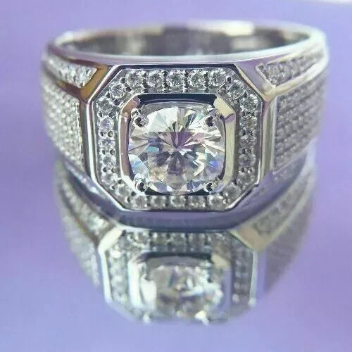 Lab-Created 2.10Ct Round White Diamond Men's Engagement Ring 925 Sterling Silver