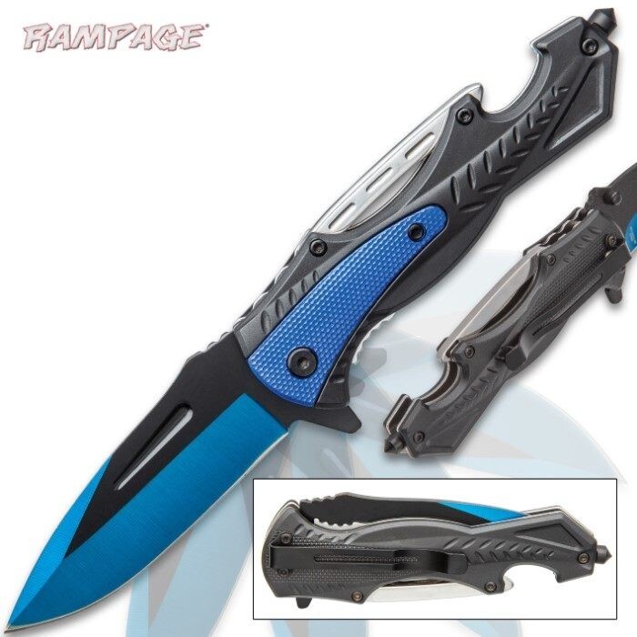 Rampage Pocket Knife Assisted open blade Black and Blue Bottle opener