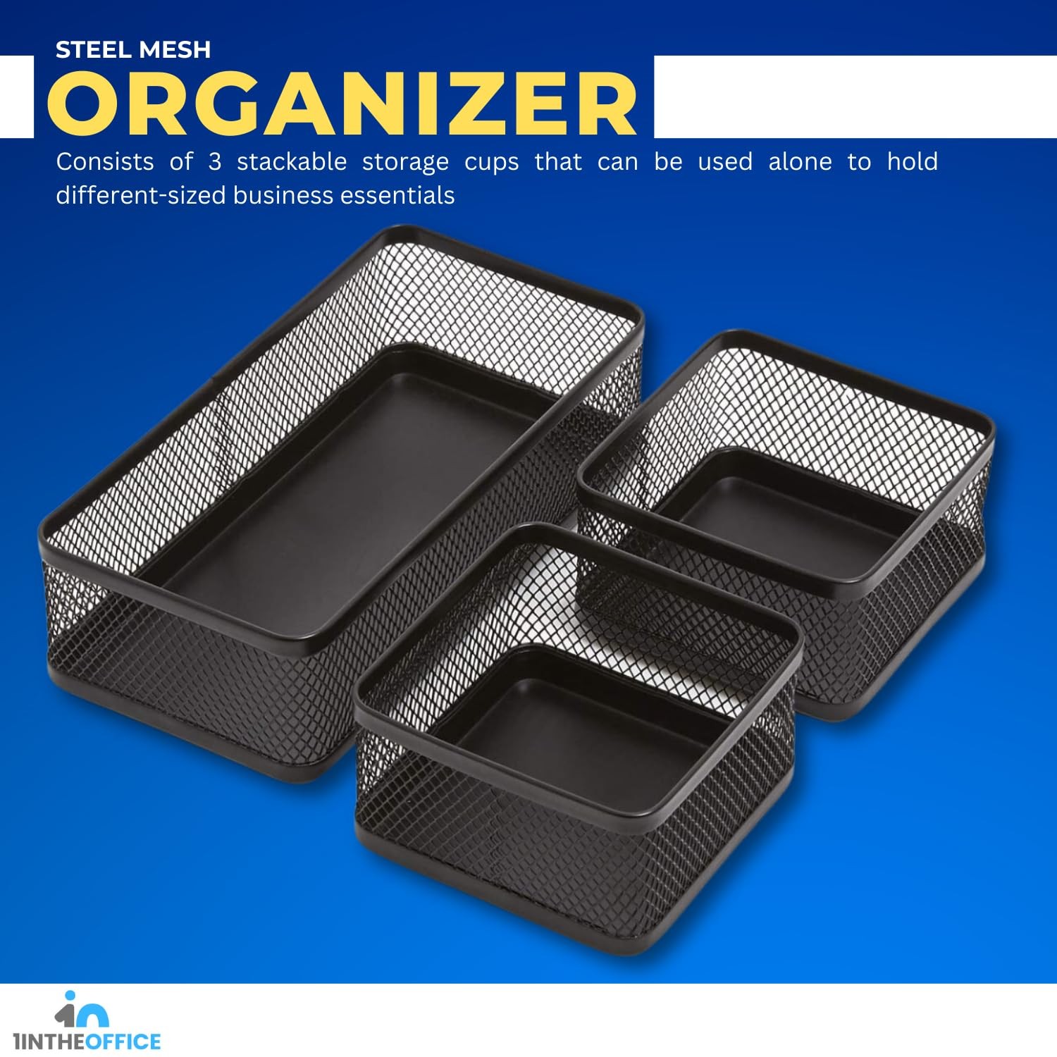 3-Compartment Stackable Black Mesh Tray Desk Baskets and Organizers Tray