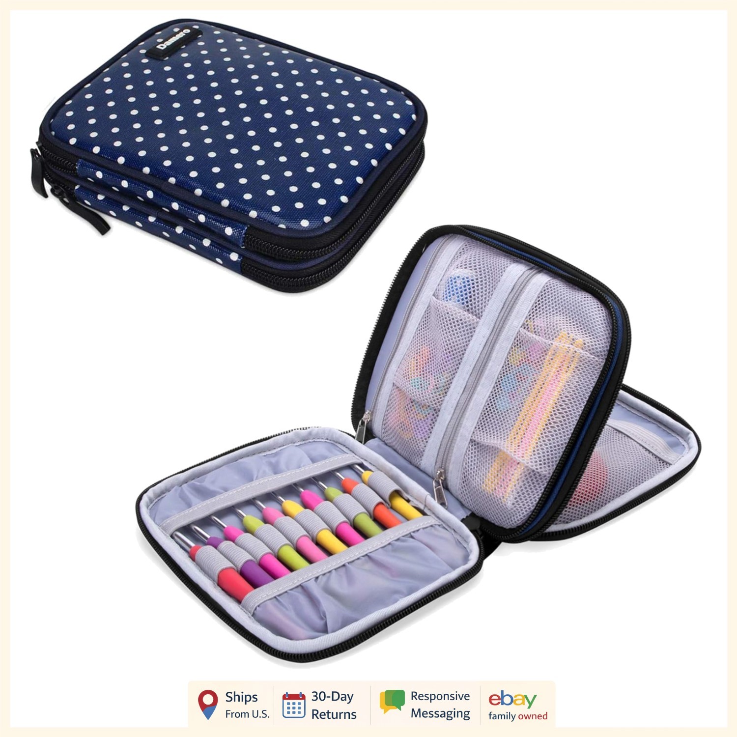 Bamboo Handle Crochet Case for Organizing Needles and Accessories, Stylish Dots