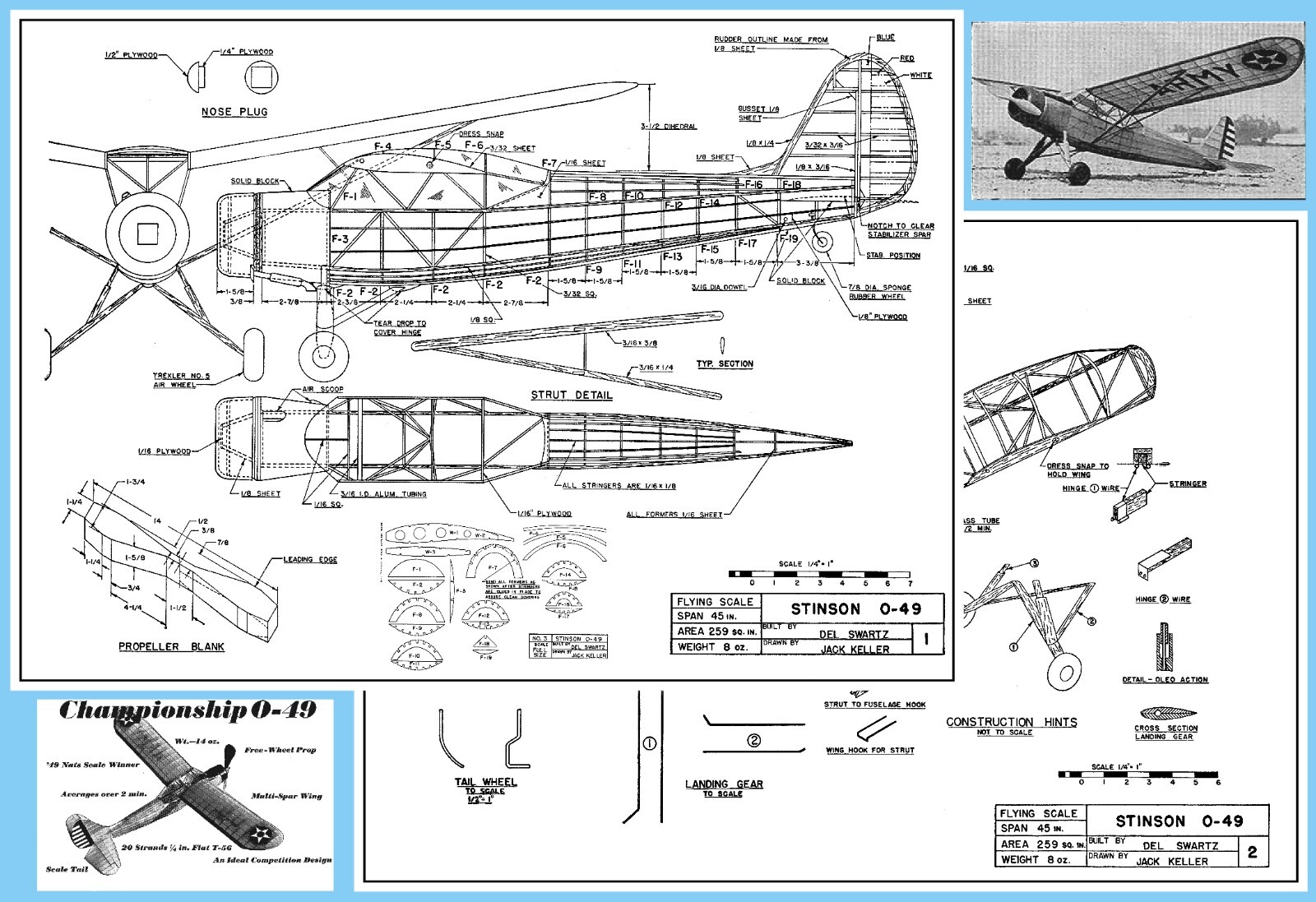 Model Airplane Plans (FF): Stinson O-49 45" Span Scale 30" Rubber-Powered