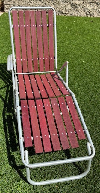 Vintage Mid Century Modern Folding Aluminum Slat Wood Lawn Chair Chaise Lounge