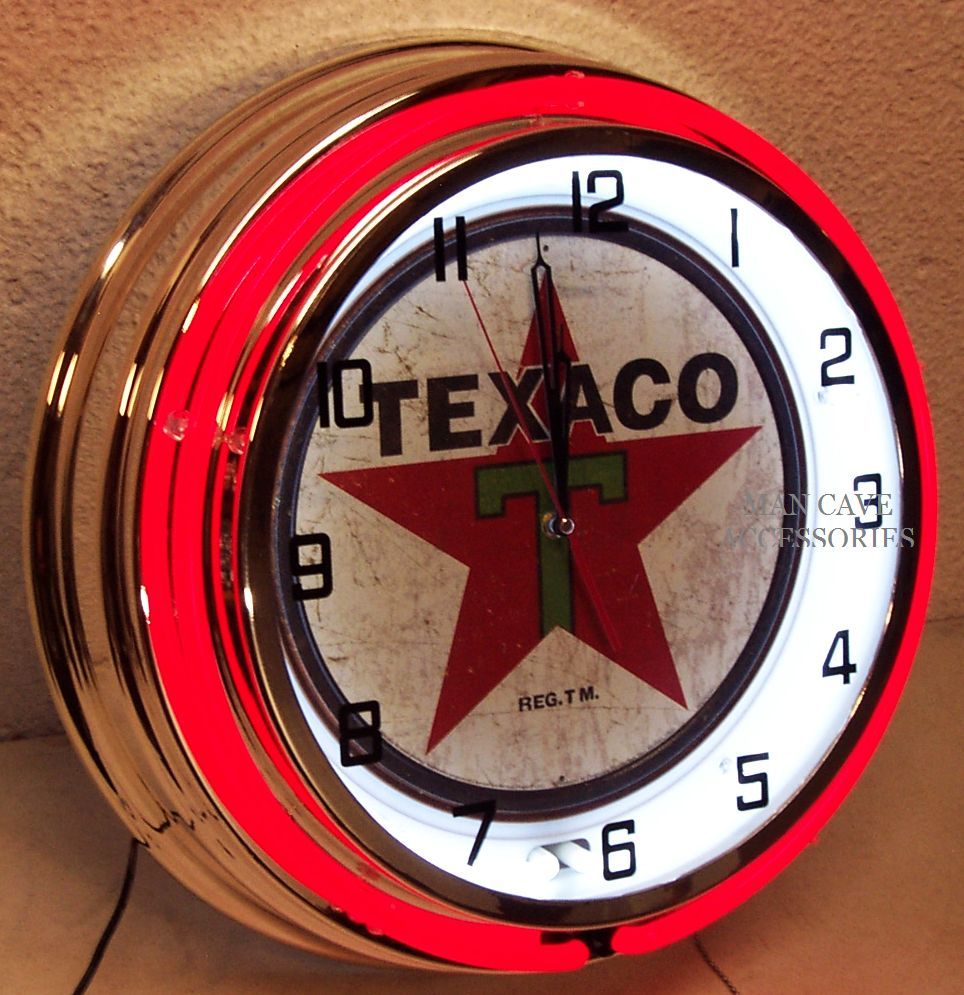 TEXACO Gasoline Motor Oil Gas Station 19" Double Neon Clock 1936 Distressed Sign