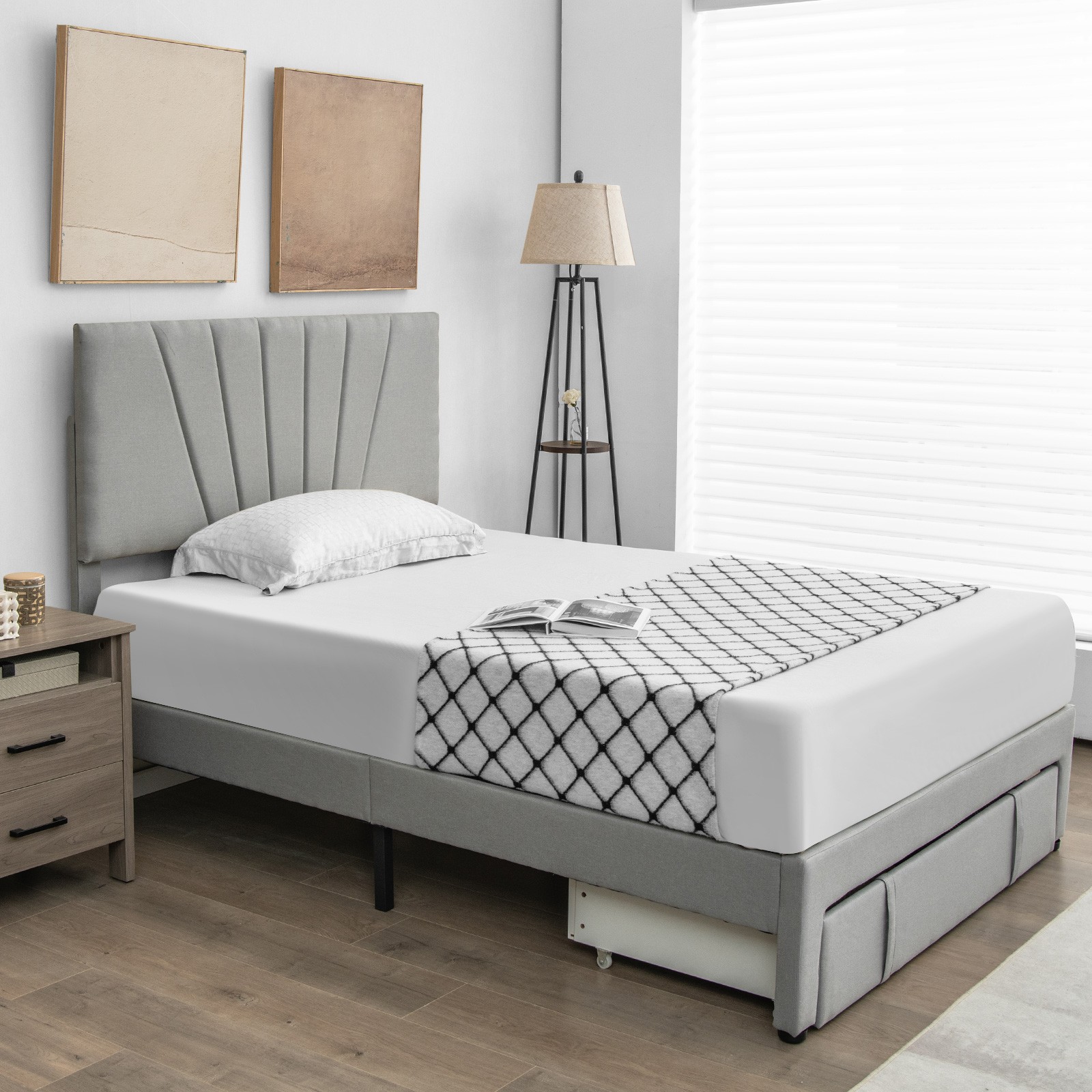 Full Upholstered Bed Frame Platform Bed w/ Drawer& Adjustable Headboard Grey