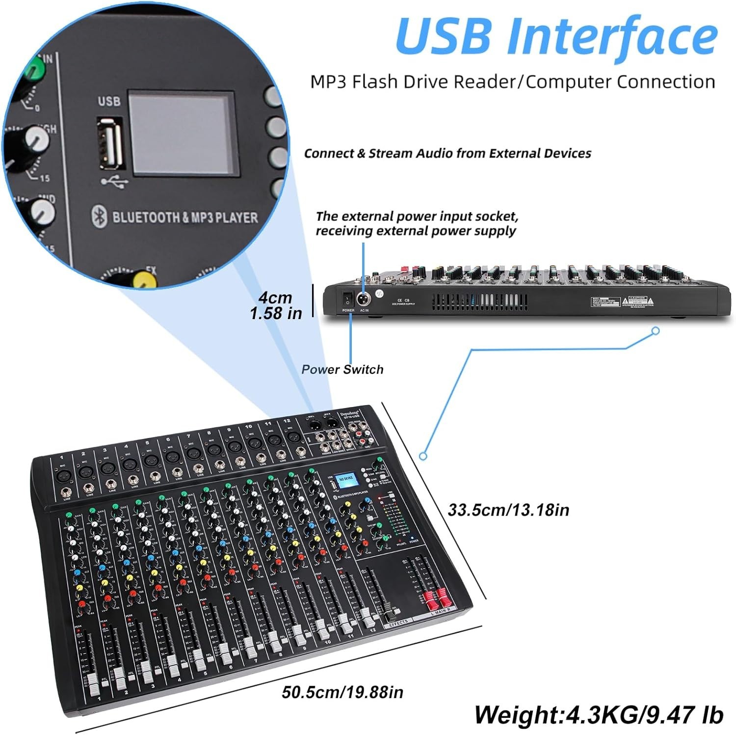 DT12 12-Channel DJ Audio Mixer with USB, Bluetooth, XLR & RCA Input