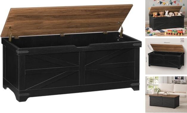 Large Toy Chest, 47.2" Wooden Toy Box with 2 Safety Hinges, Black + Walnut