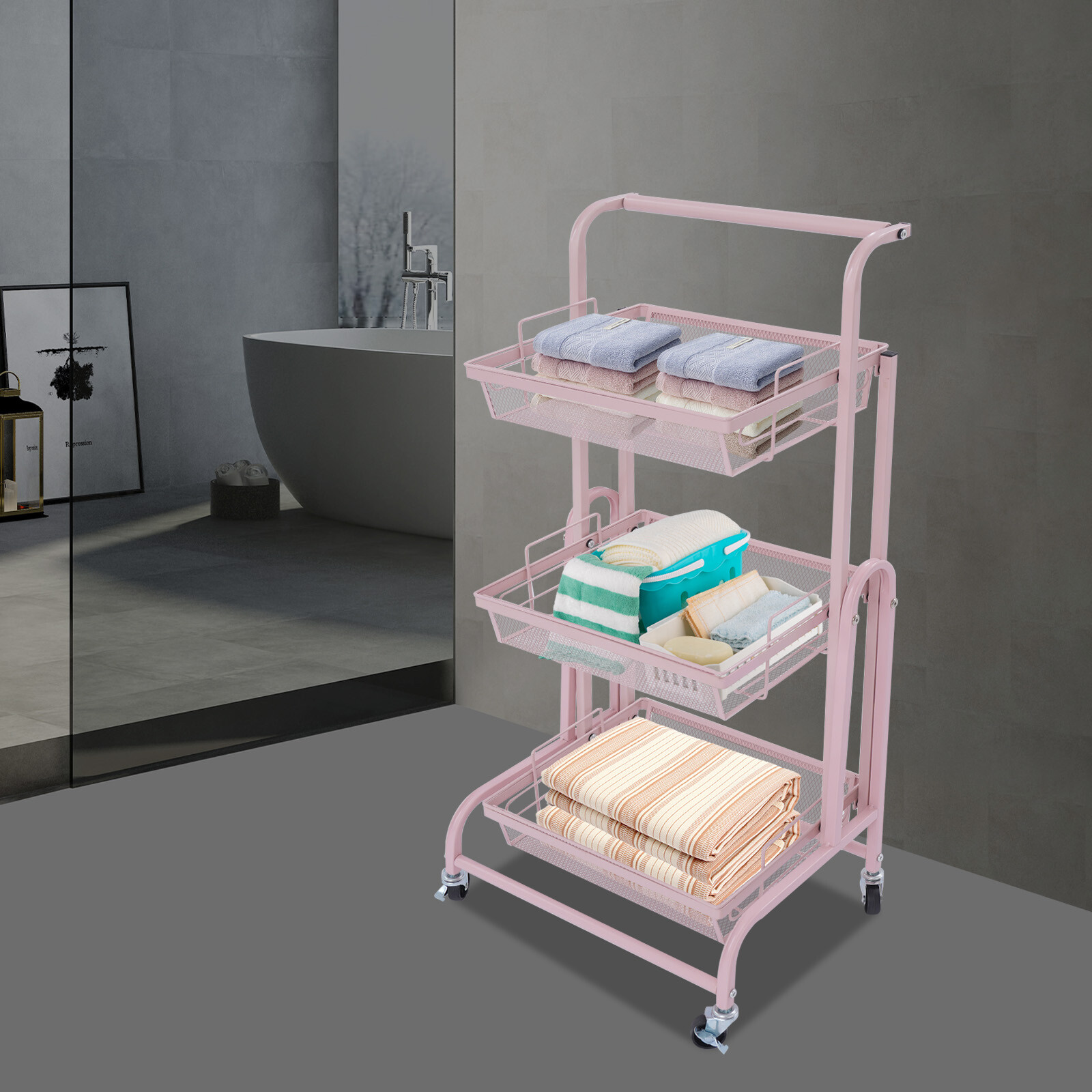 3-Tier Adjustable Metal Rolling Utility Cart, Movable Storage Cart for Kitchen