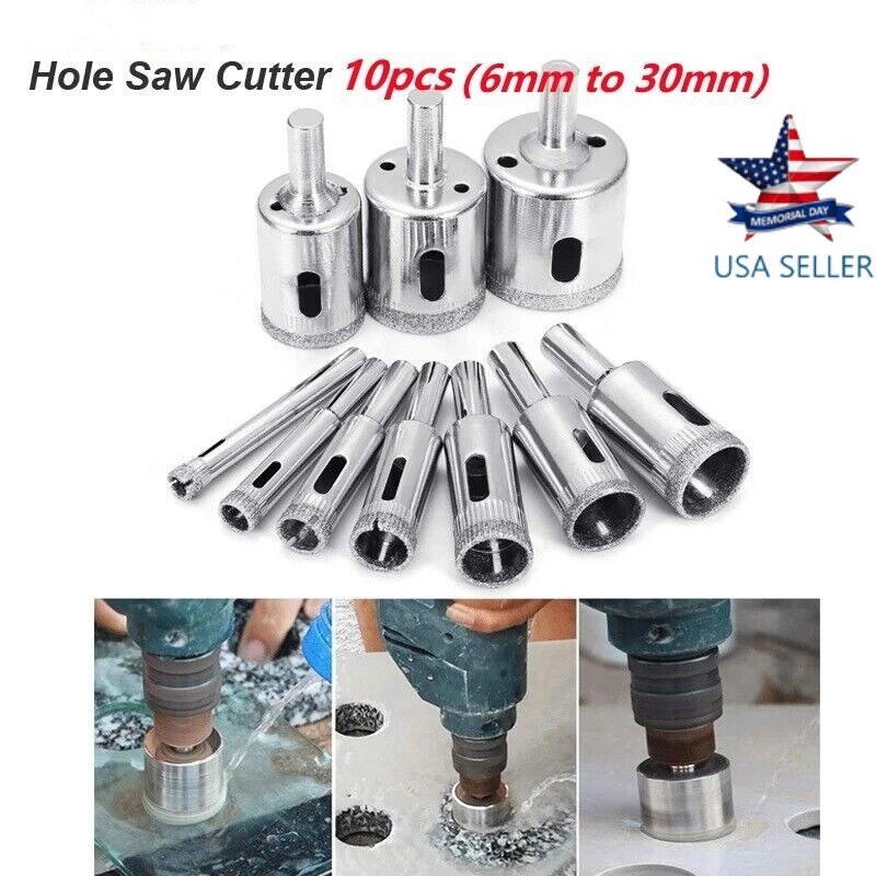 10Pcs Diamond Hole Saw Drill Bit Tool Set Glass Tile Ceramic Marble Cut Guide