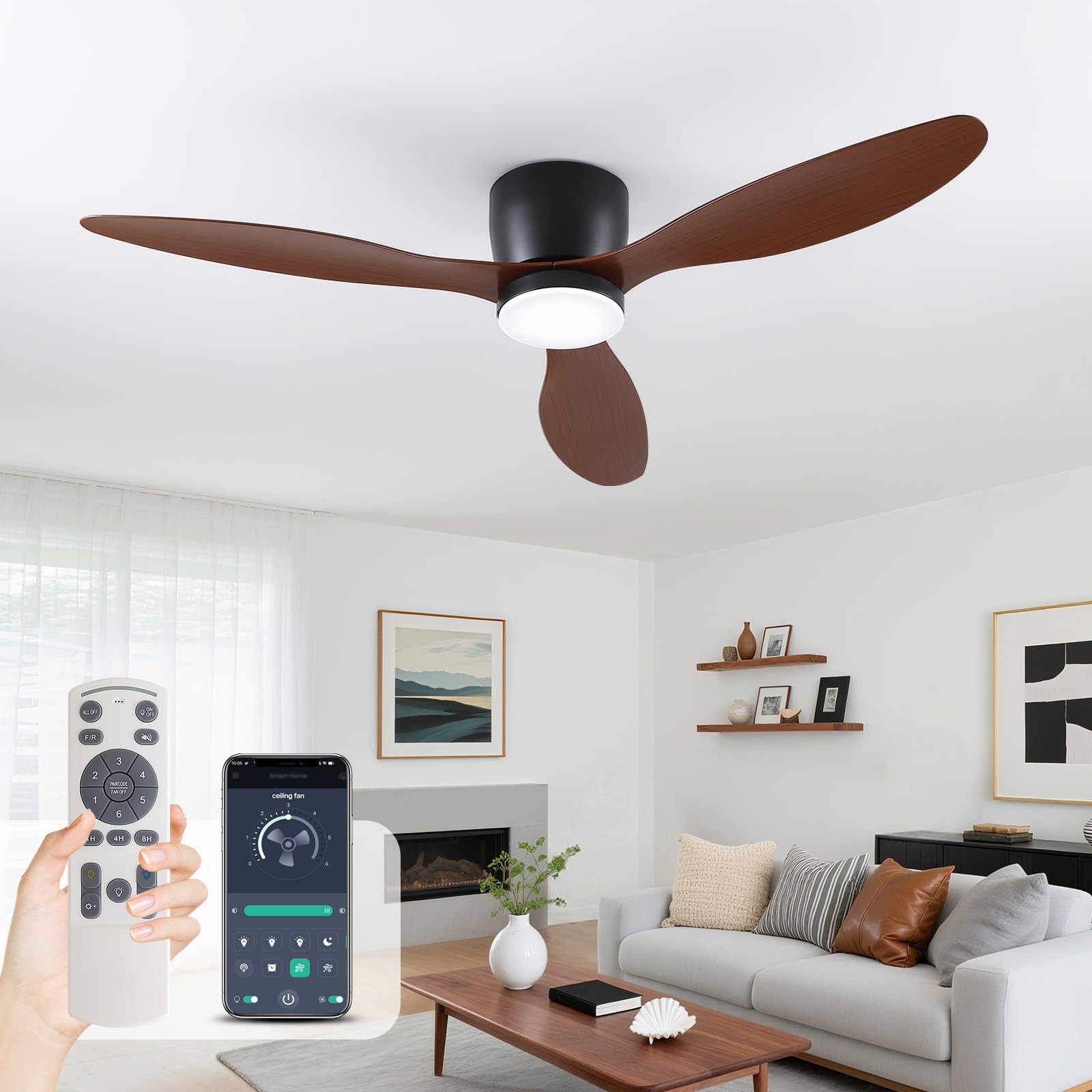 Low-Profile Ceiling Fan with Light - 52 Inch Flush Mount Modern Ceiling Fans ...