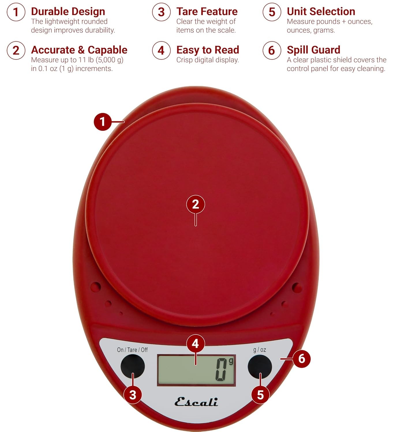 Escali Primo Digital Food Scale Multi-Functional Kitchen and Warm Red