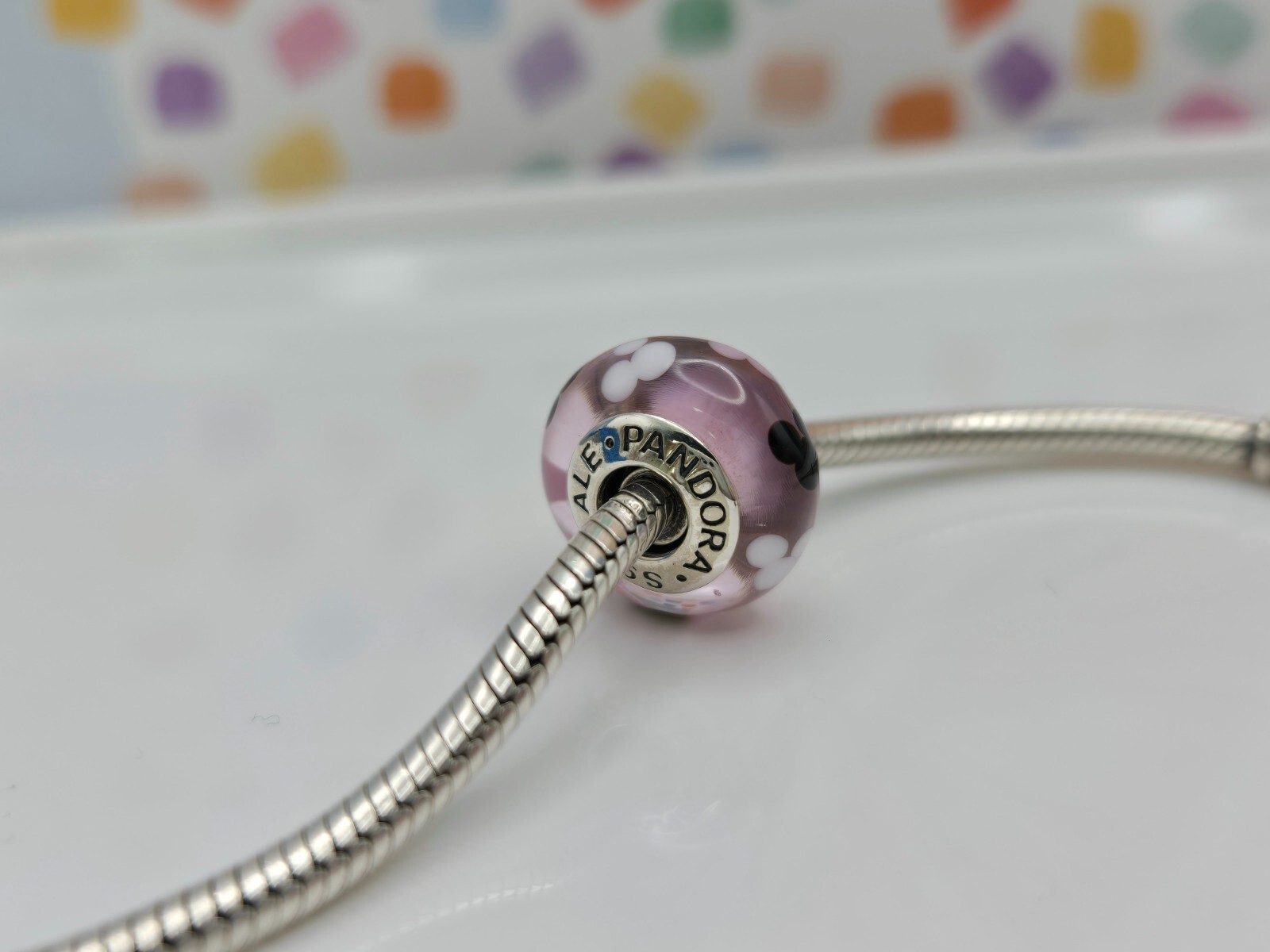 Authentic Pandora Disney Mickey Mouse Parks Pink Icon Murano glass Silver Charm
