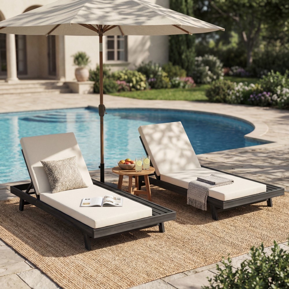 Outdoor Adjustable Sun Lounger w/ Cushion, Acacia Recliner Chair