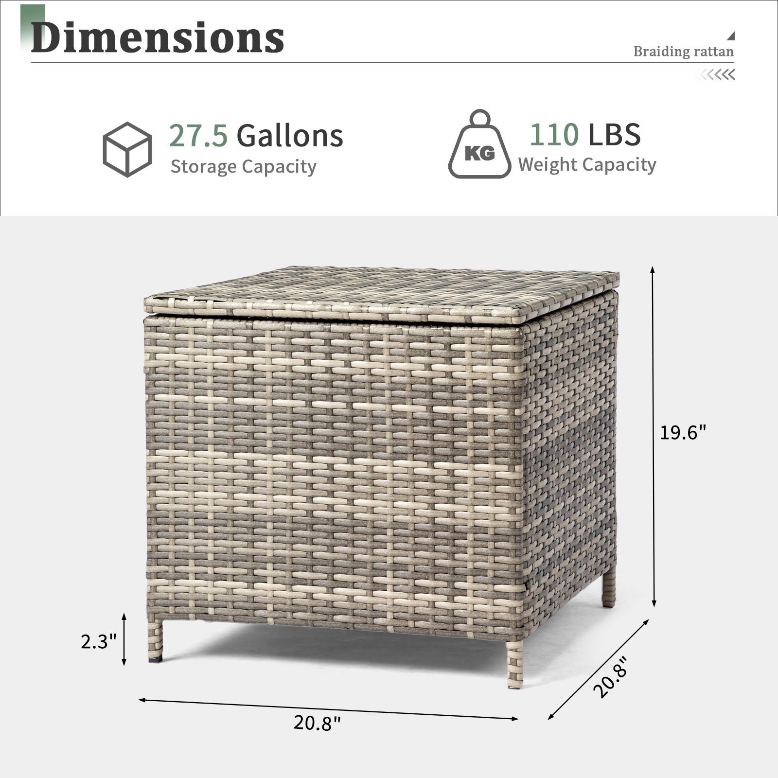 Outdoor PE Wicker Side Table with Storage, Patio Rattan End Table Square, Grey