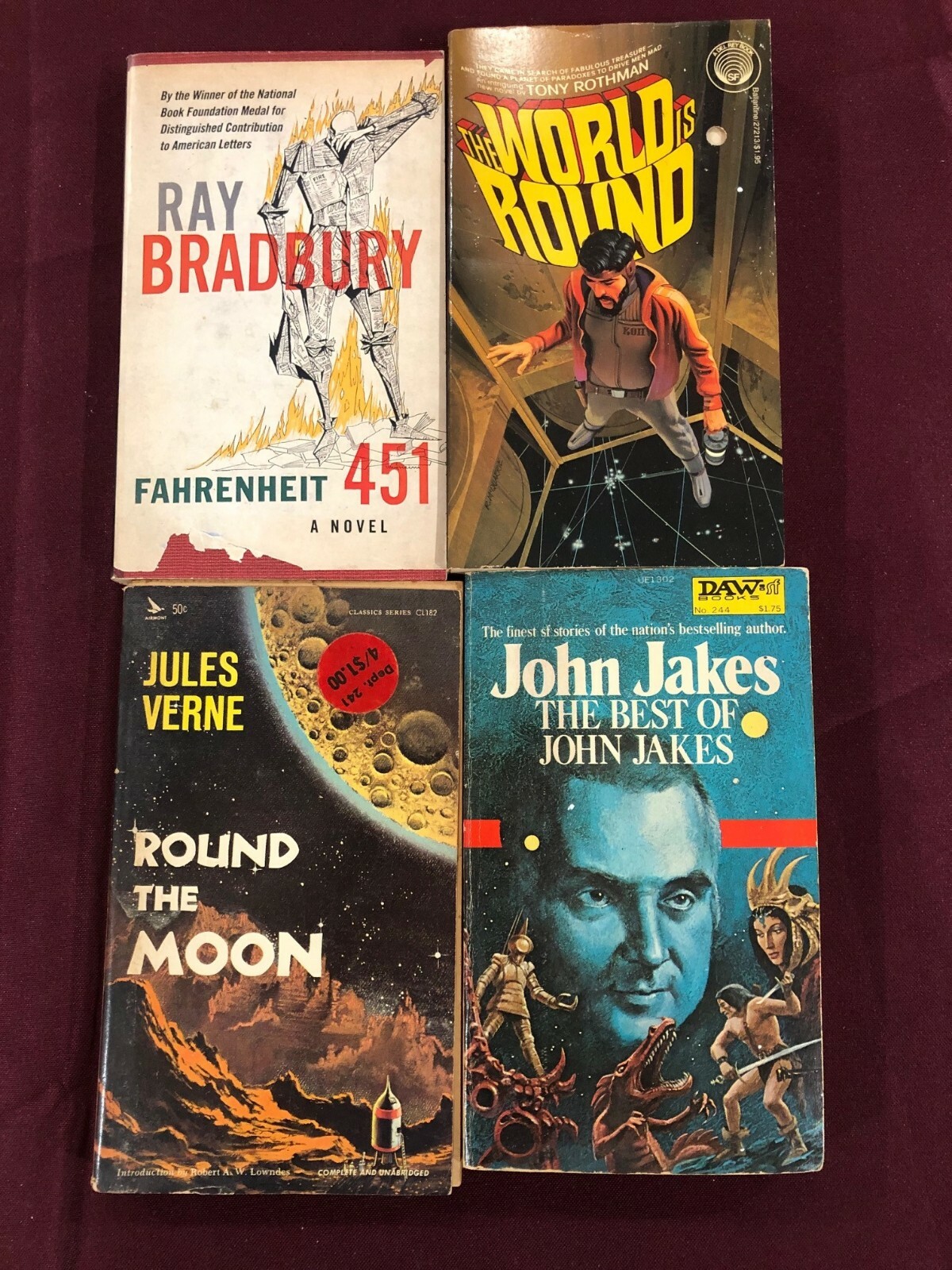 SCI-FI LOT OF 4 BRADBURY VERNE JAKES FAHRENHEIT 451 ROUND WORLD MOON