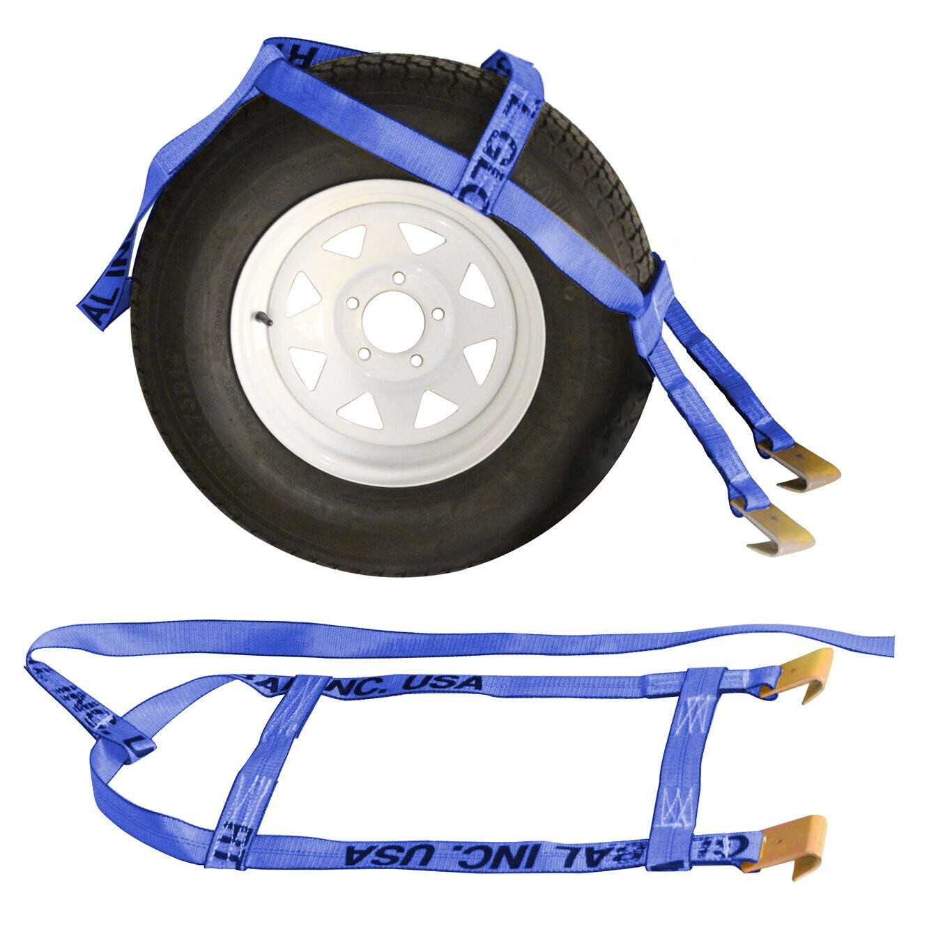 (2x) Blue Demco Tow Dolly Straps Wheel Basket Flat Hooks Kar Kaddy Auto Hauler