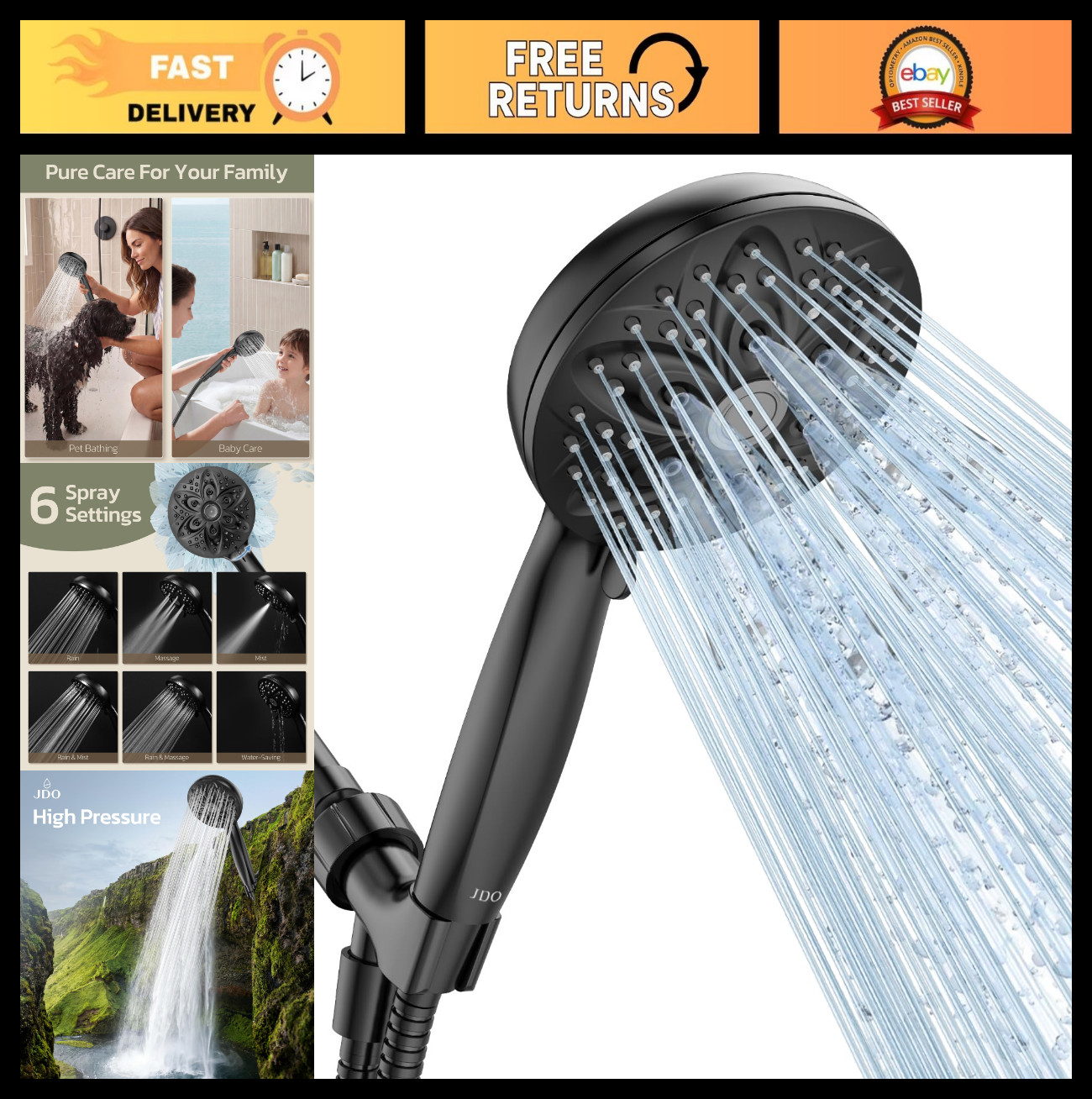 High Pressure Handheld Shower Head Set, 6 Settings, Detachable with Hose & Brack