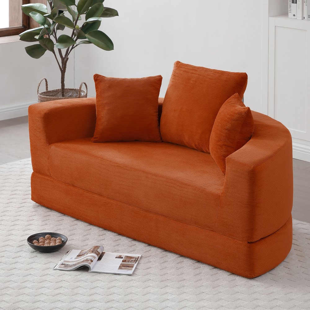 Convertible Sofa Bed w/ Foam Corduroy Cover, Orange - Modern Futon