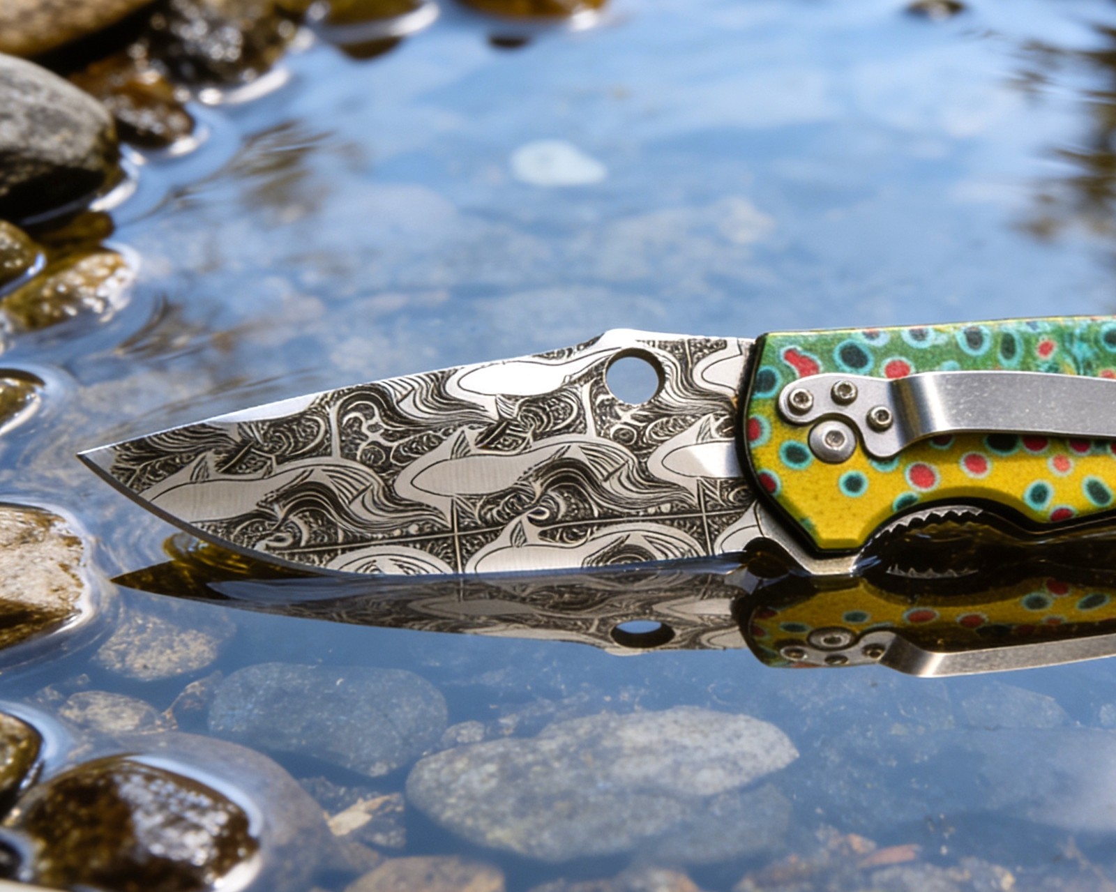 Graywolf TroutBack Folding - Pocket Knife - Damascus‑Etched Trout Edition Blade