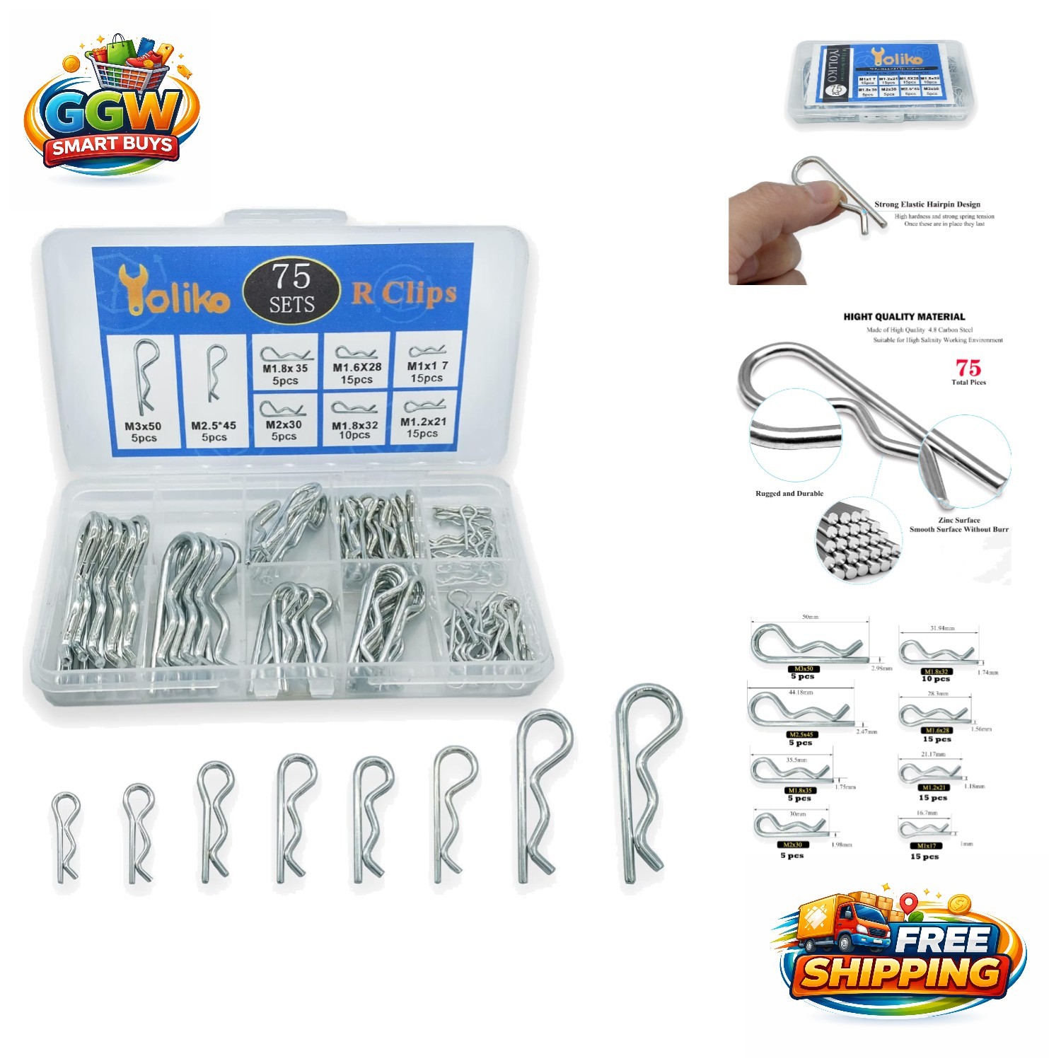75 Pcs Hitch Pin Clip & Cotter Pin Set in 8 Sizes | Durable Carbon Steel