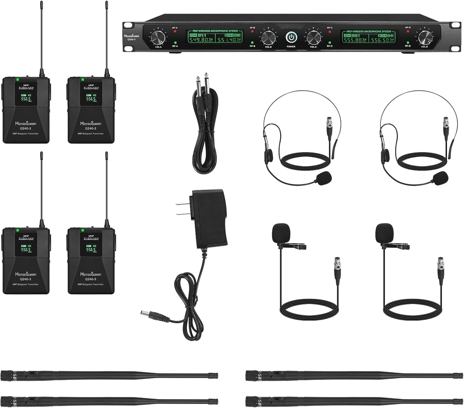 MicrocQueen UHF Wireless Microphone System 4 Channel Lapel / Lavalier Karaoke