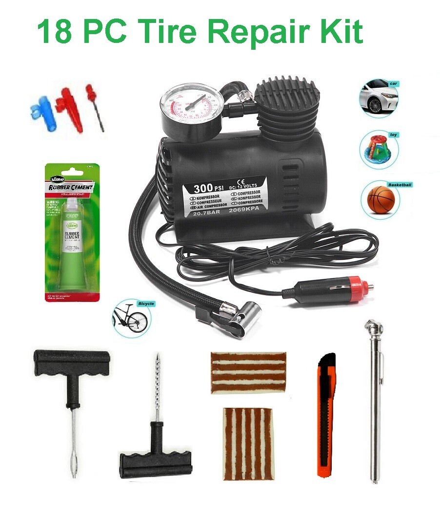 18 PC Tubeless Tire Repair Kit with 300 psi Bicycle Auto Inflater Pump