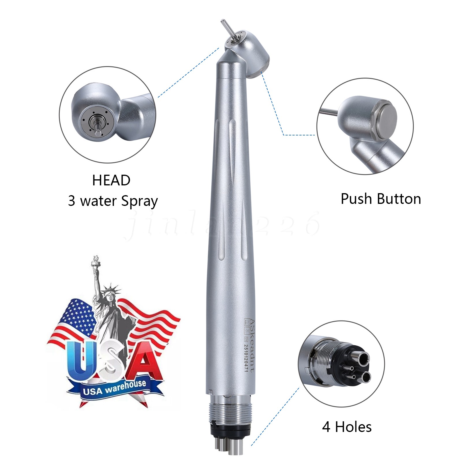 Dental Handpiece High Speed Push Button STANDARD 45° HEAD 4-Hole