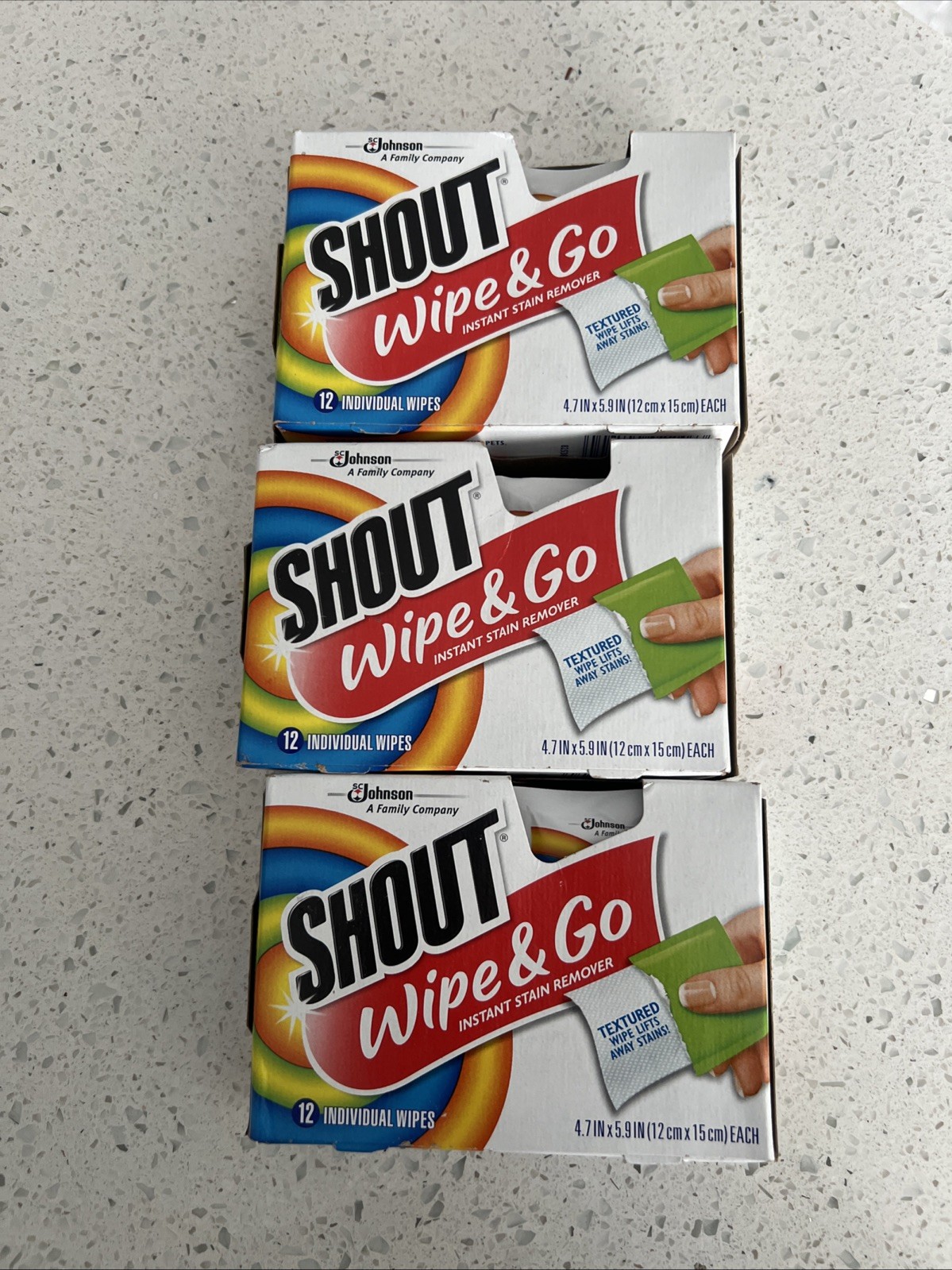 Shout Wipe and Go Instant Stain Remover Textured 12 Wipes New Sealed Lot of 3