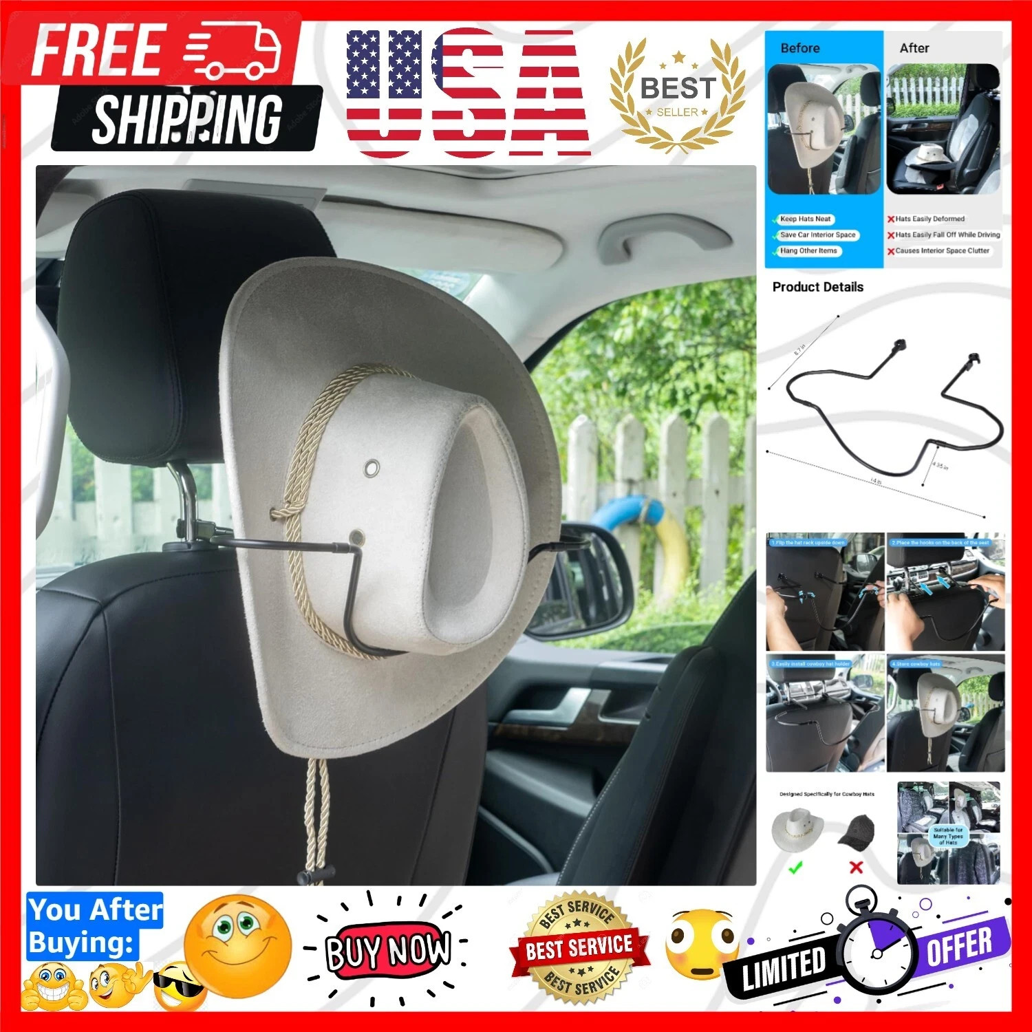 Yuoyar Cowboy Hat Holder for Truck SUV Car - Car hat Holder for Truck