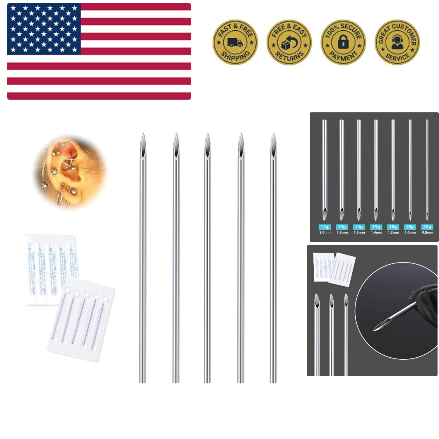 18G Body Piercing Needles, 10pcs Stainless Steel Needles for Ear, Nose, Navel...