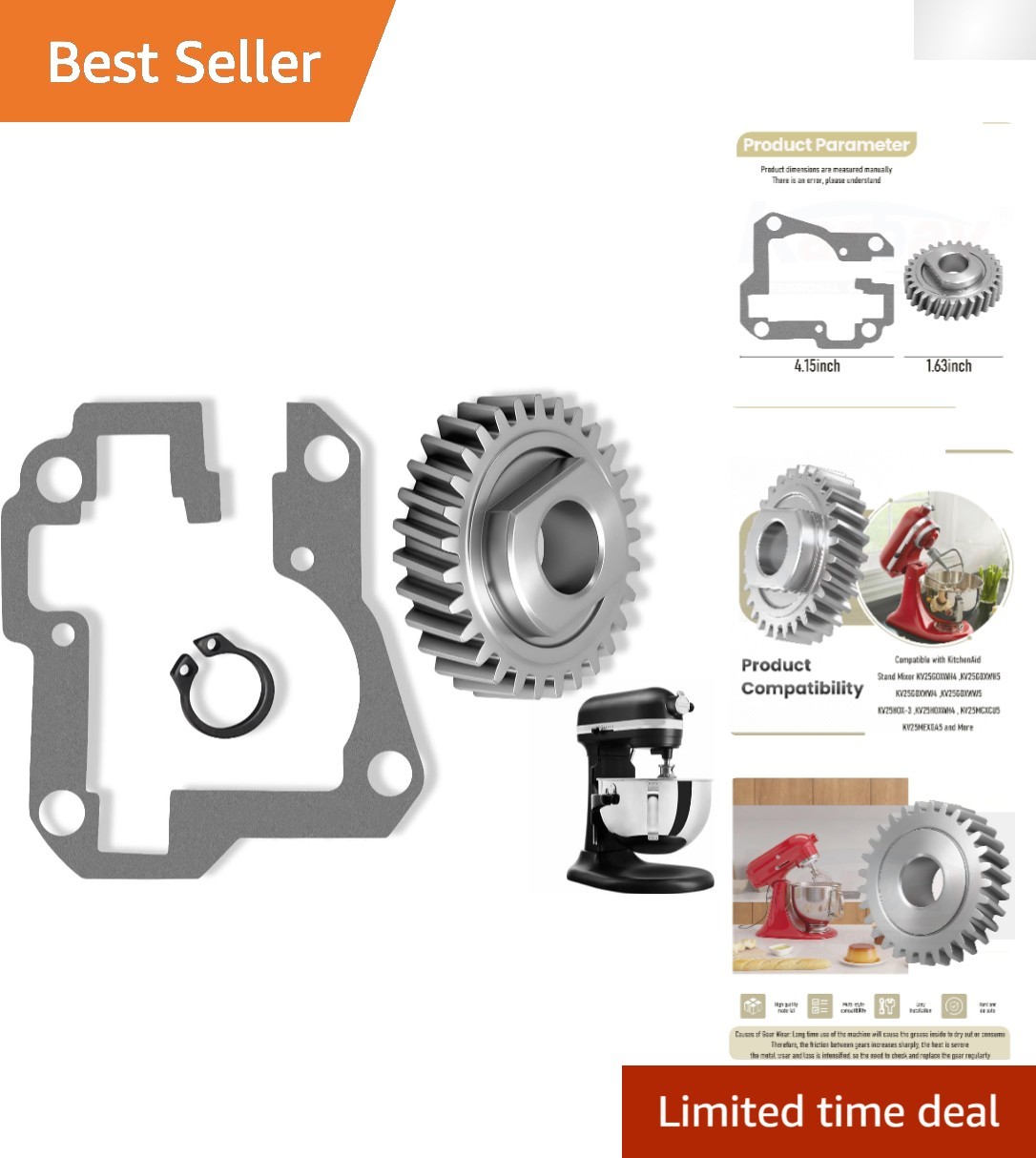 9706529 & W11086780 KitchenAid Mixer Gear Parts with Gasket & Circlip Set