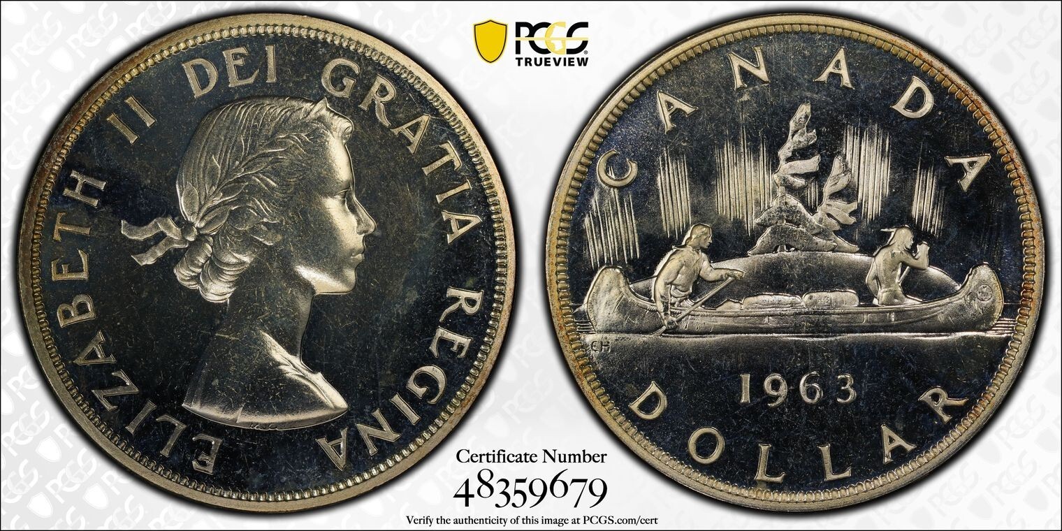 PL65 1963 $1 Canada Silver Voyageur Dollar, PCGS Trueview- Prooflike Blast White