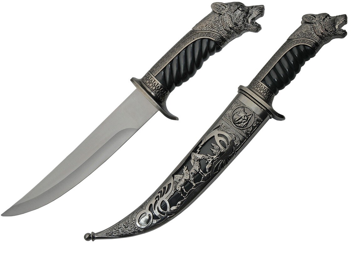 Pack Fixed Knife 7.38" Stainless Dagger Blade Wolf Shaped Synthetic/Metal Handle