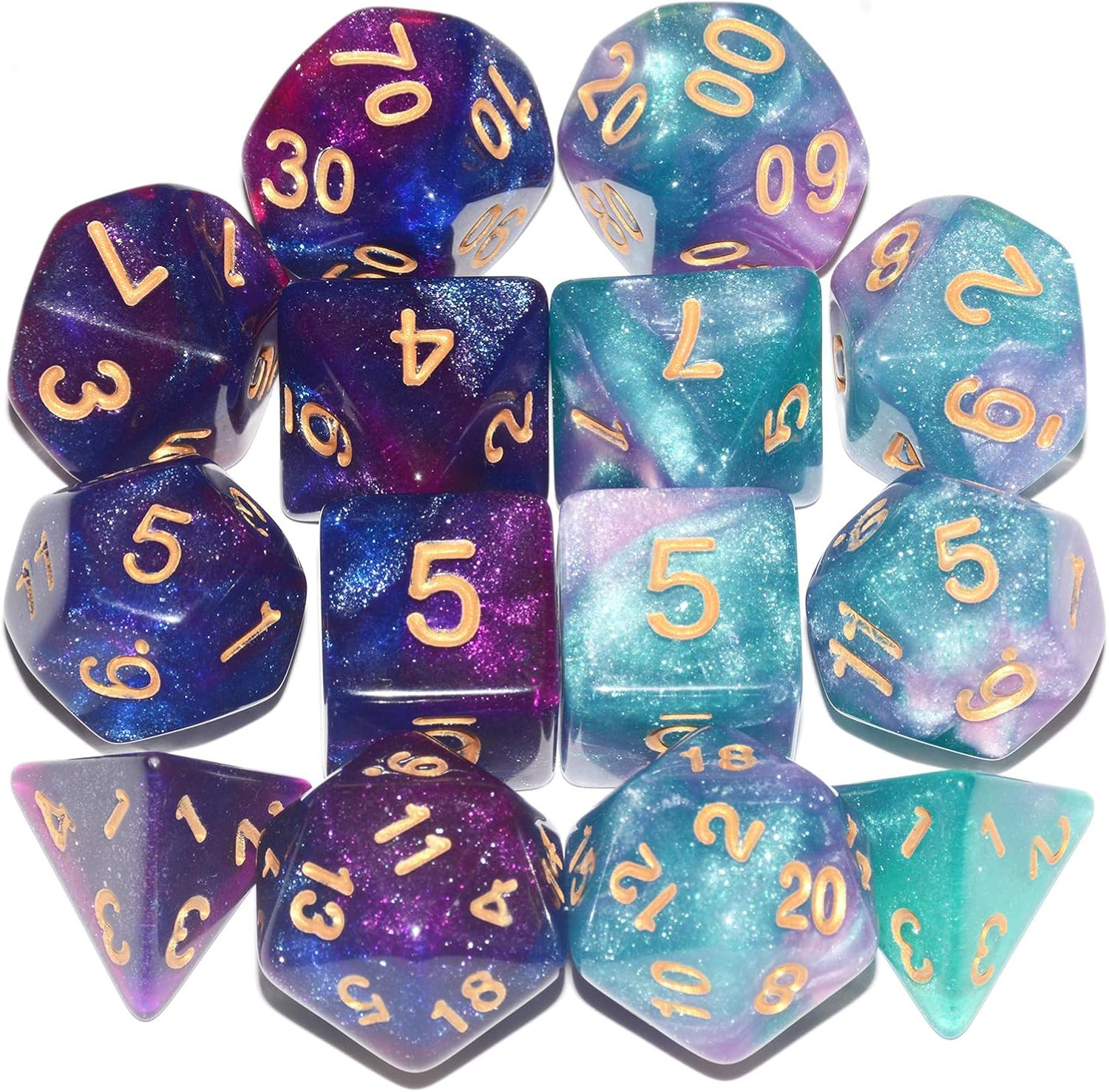 DND Dice 2 X 7Sets, 14Pieces Glitter Sparkle Cosmic Mixed Polyhedral DND Dice fo