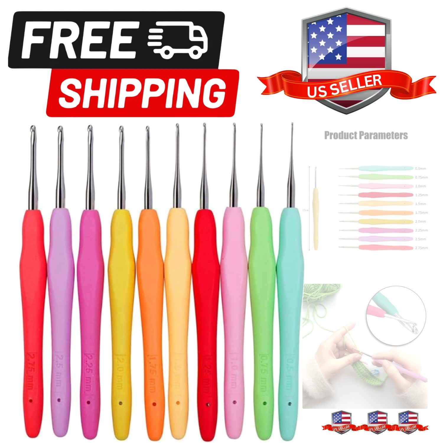 Set of 10 Small Size Crochet Hook Set 0.5mm-2.75mm Ergonomic Soft Handle Croc...