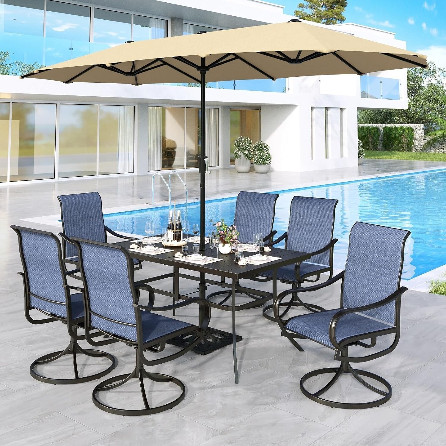 8 Pcs Patio Dining Furniture Set Outdoor Swivel Chairs Table With Patio Umbrella