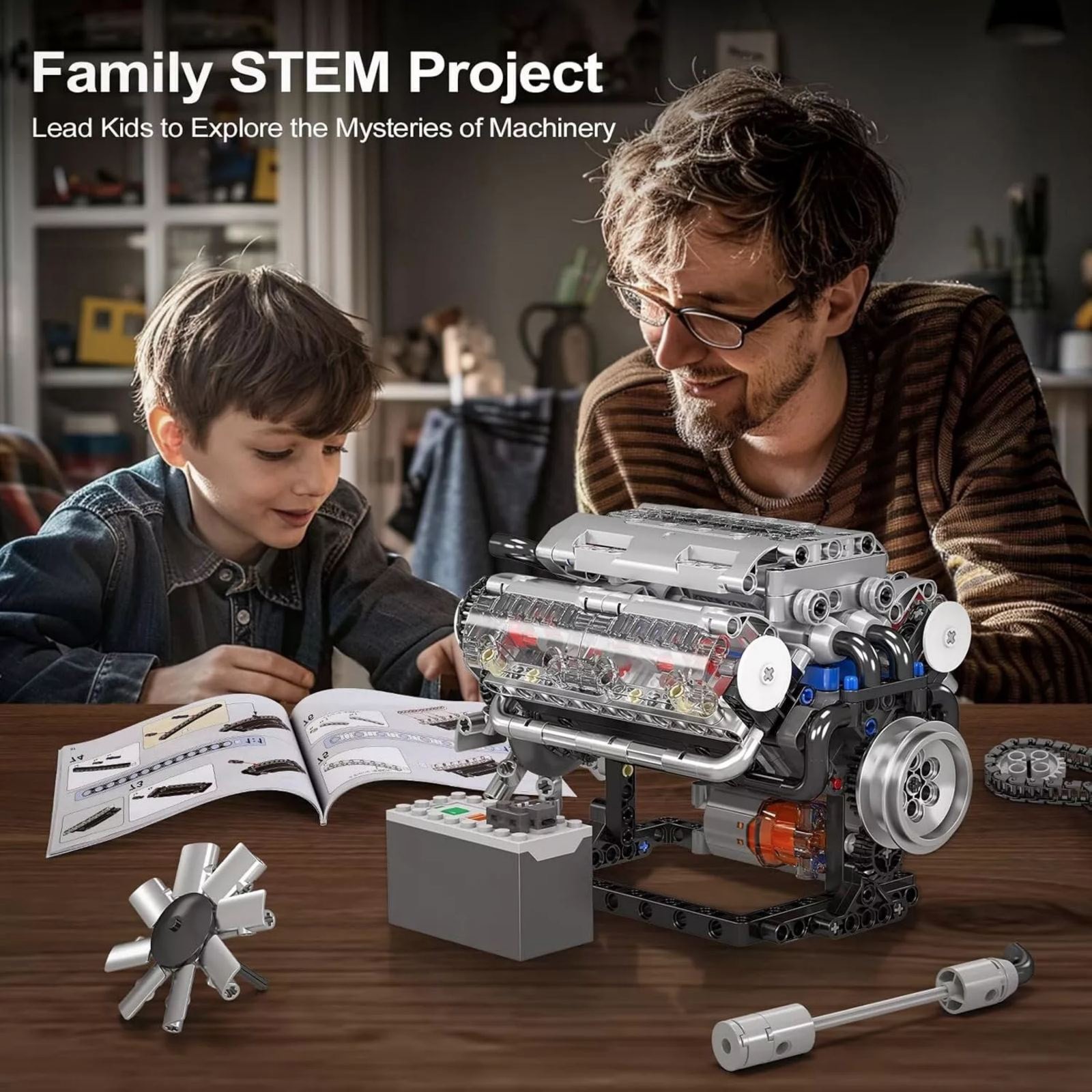 Visible V8 Engine Motor Engineering Model Building Stacking Blocks Gift New