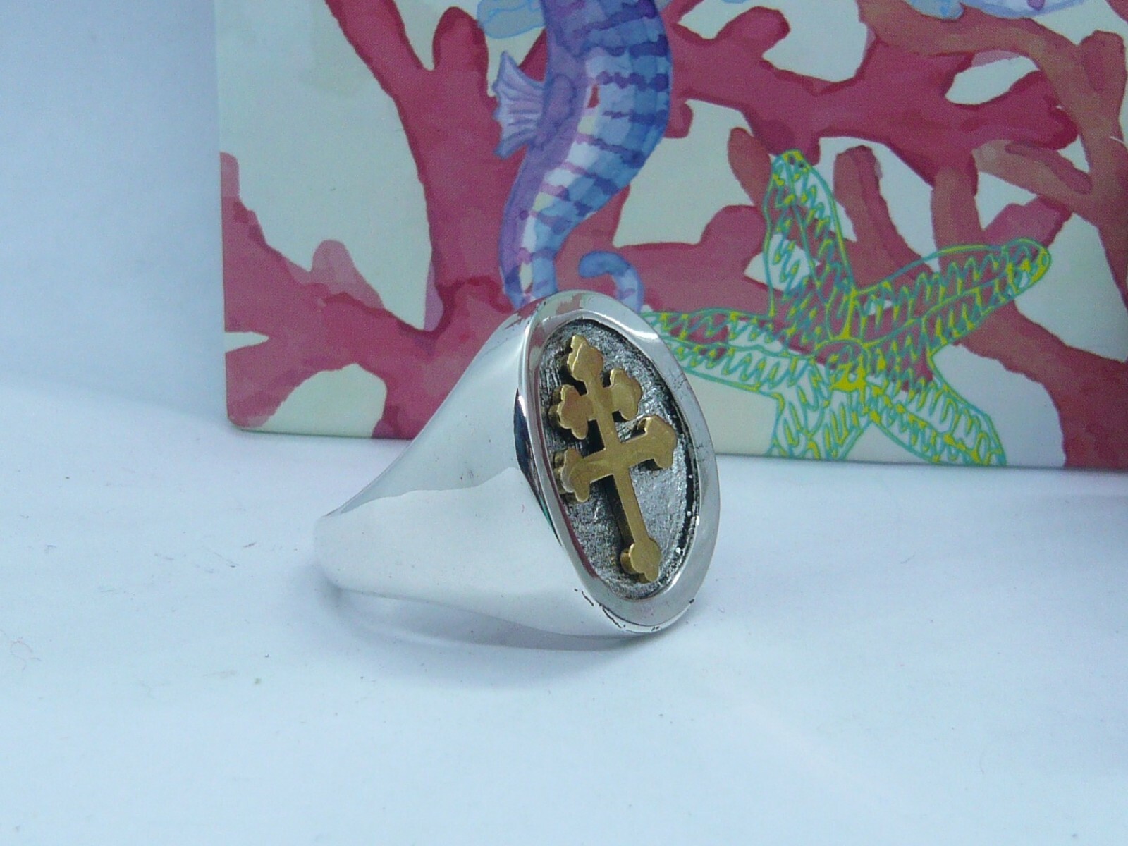 LORRAINE CROSS RING TOP CURVED IN SOLID STERLING SILVER AND 18 K GOLD MAGNUM PI