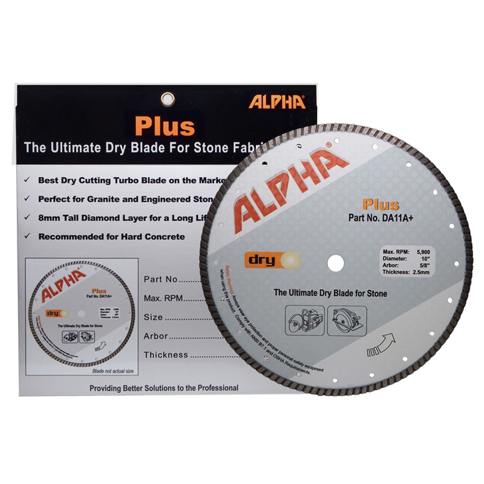 Alpha Professional Tools Plus Dry Diamond Blade 10" diameter, 5/8" arbor- DA11A+