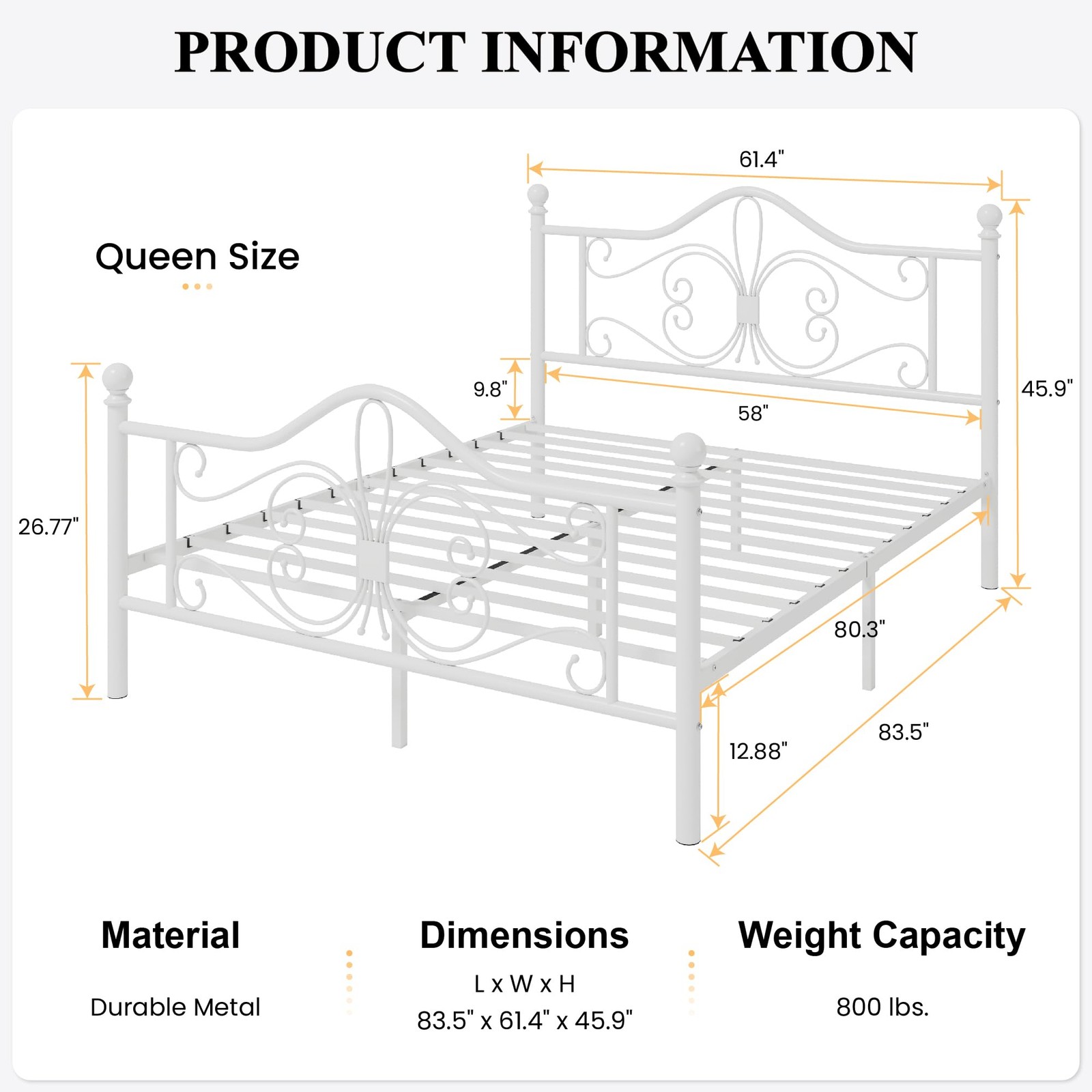 Queen Size Metal Bed Frame White Butterfly Pattern No Box Spring Needed