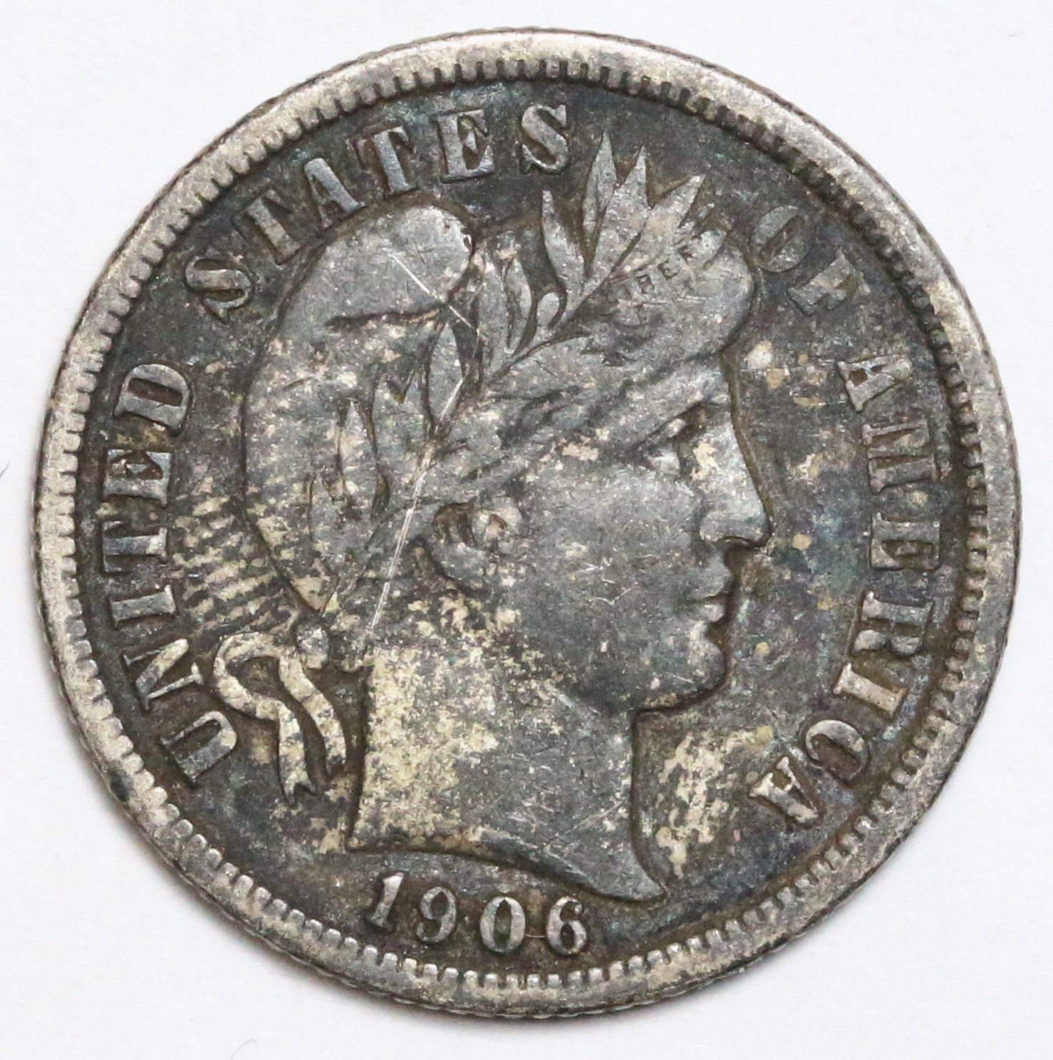 1906 10c Barber Silver Dime - RAW - Great Coin / Detail - Toned