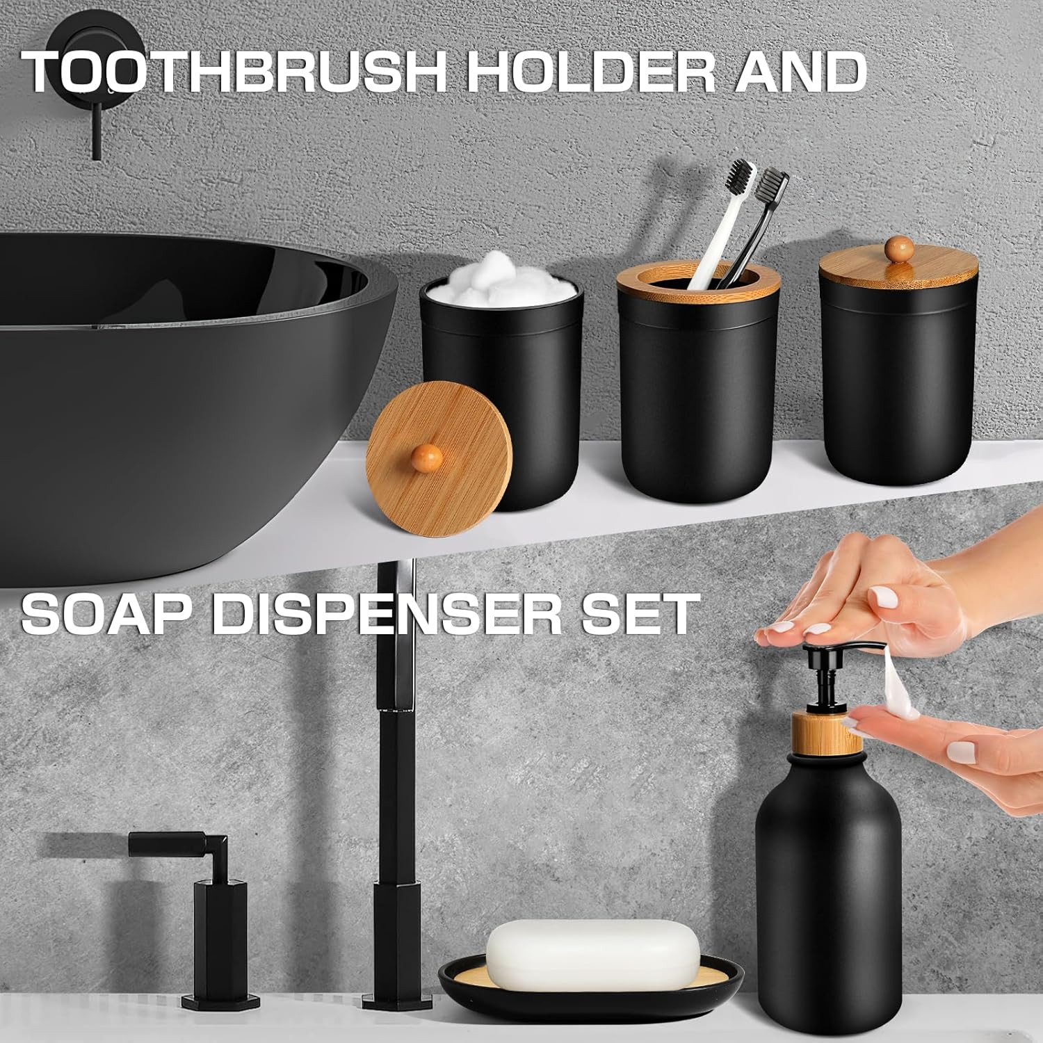 Black Bathroom Accessories Set 5 Pcs, Matte Black Bathroom Accessories, Plastic