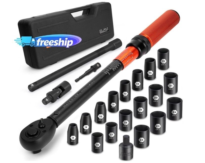 Llave dinamométrica 1/2" 22 piezas, 10–180 ft-lb, precisión ±3%, uso automotriz