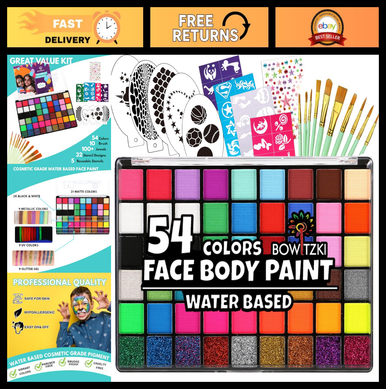 54 Color Face Paint Kit with Stencils, Glitter, Brushes & Gems - Safe Halloween