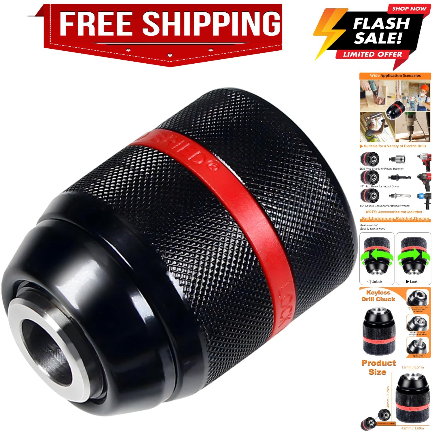 Keyless Drill Chuck for Milwaukee M18, 1/2"-20UNF Mount, 1.5 to 13 mm Clampin...