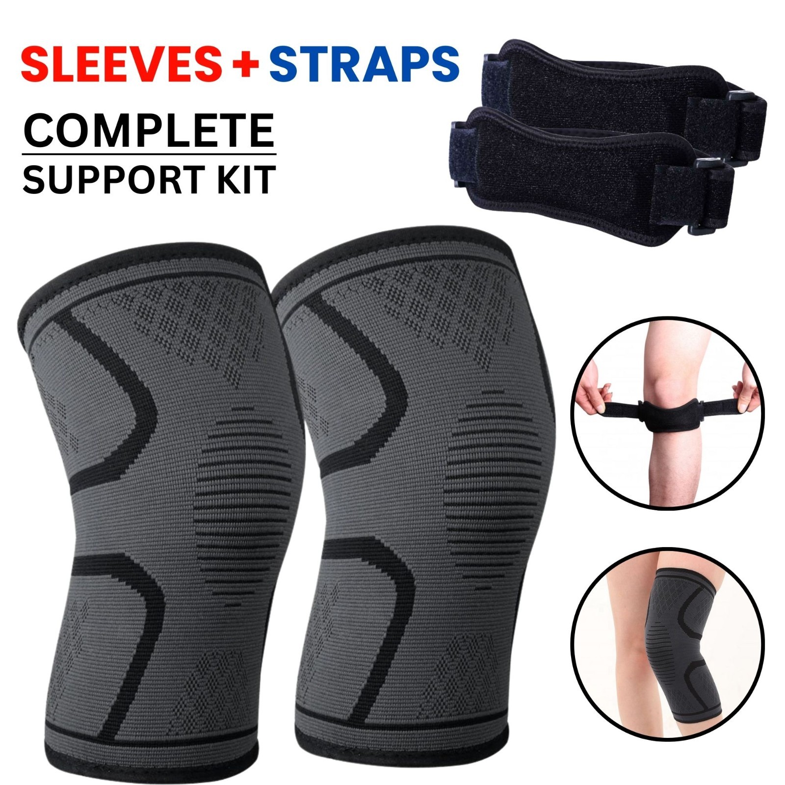 4 Pack Set Knee Sleeves with Patella Straps Compression Support Brace Relief