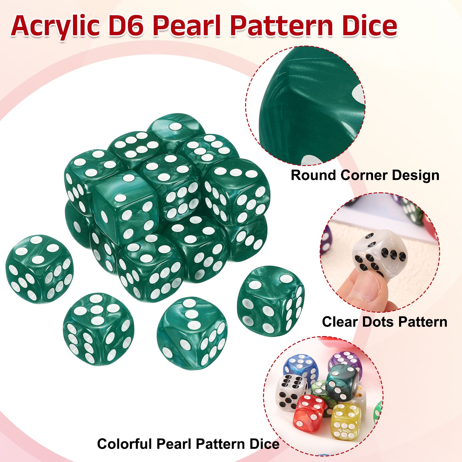 10Pcs 6 Sided Colored Standard Dice, Acrylic D6 Pearl Pattern Dice, Dark Green