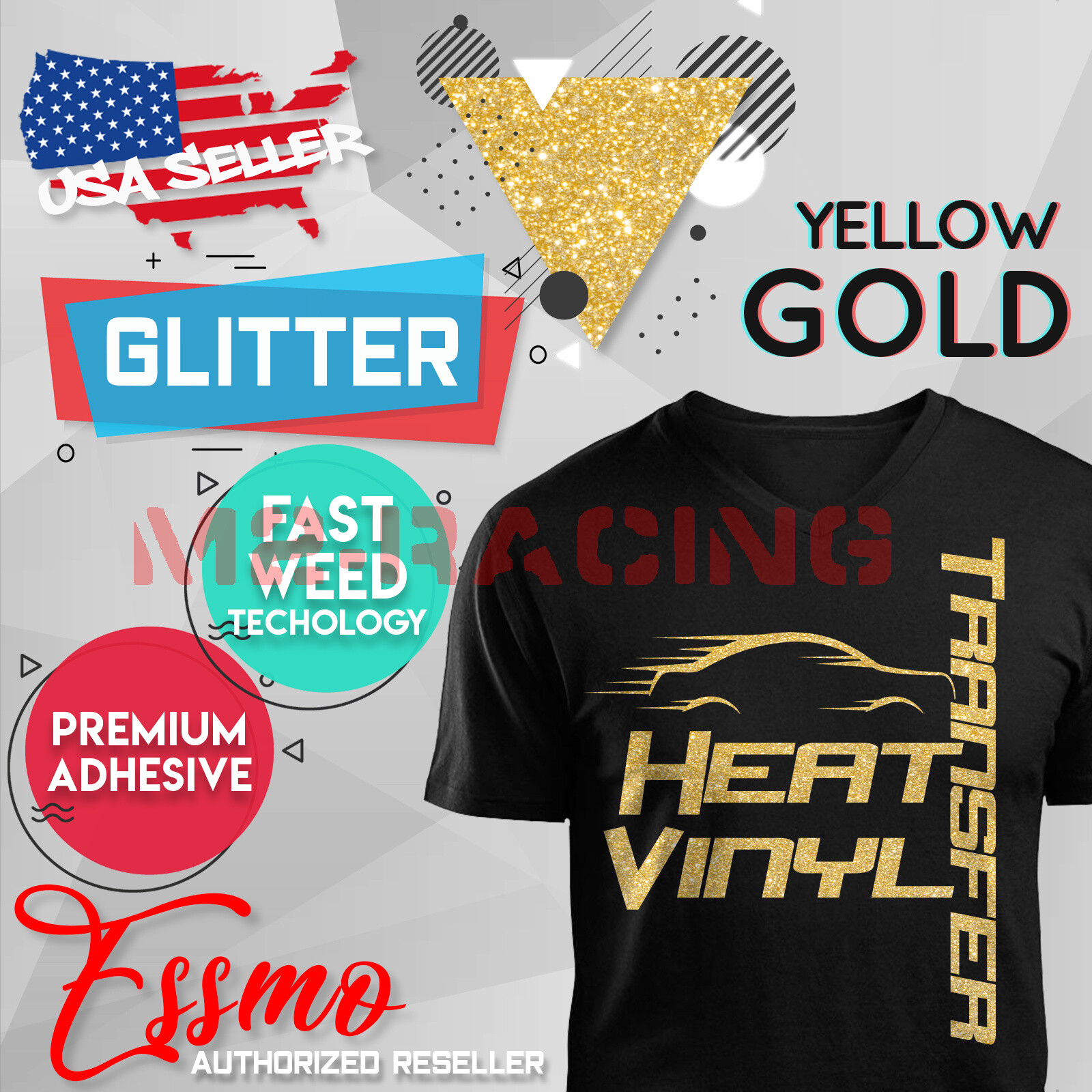 Yellow Gold Glitter Heat Transfer Vinyl HTV T-Shirt 20" Wide Iron Press DG02