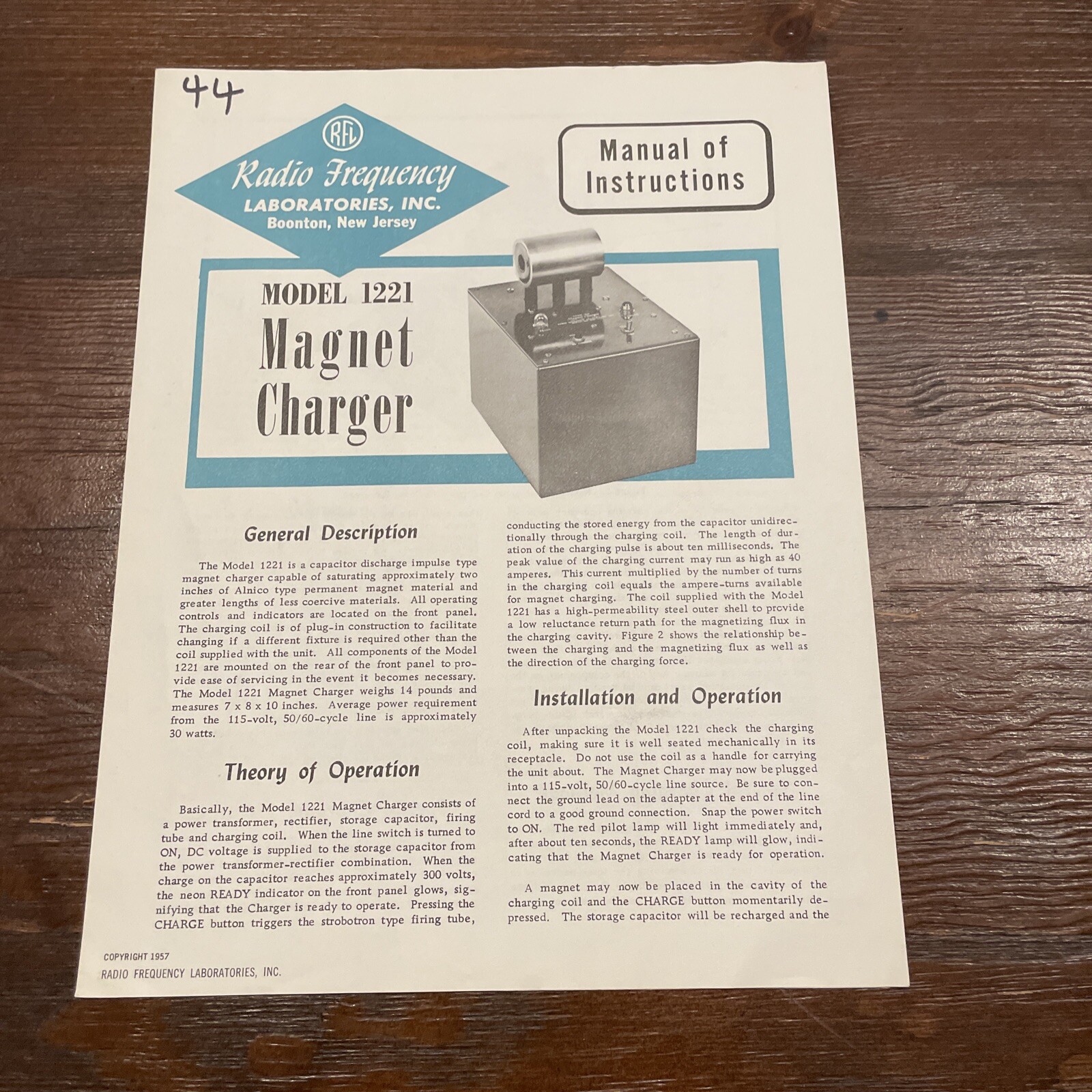 Radio Frequency RFL Model 1221 Magnet Charger Instructions Manual 1957