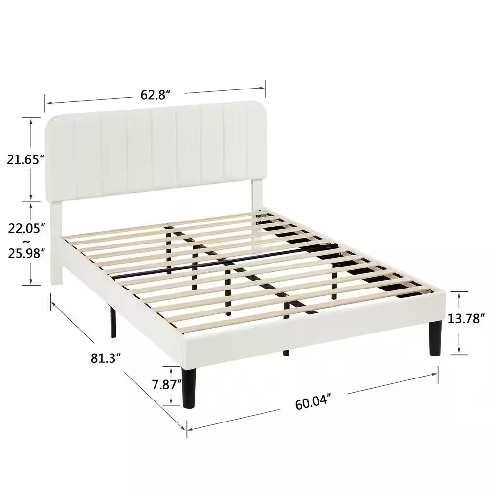 Upholstered Bed, White Queen Bed Platform Bed Frame with Adjustable Headboard, S