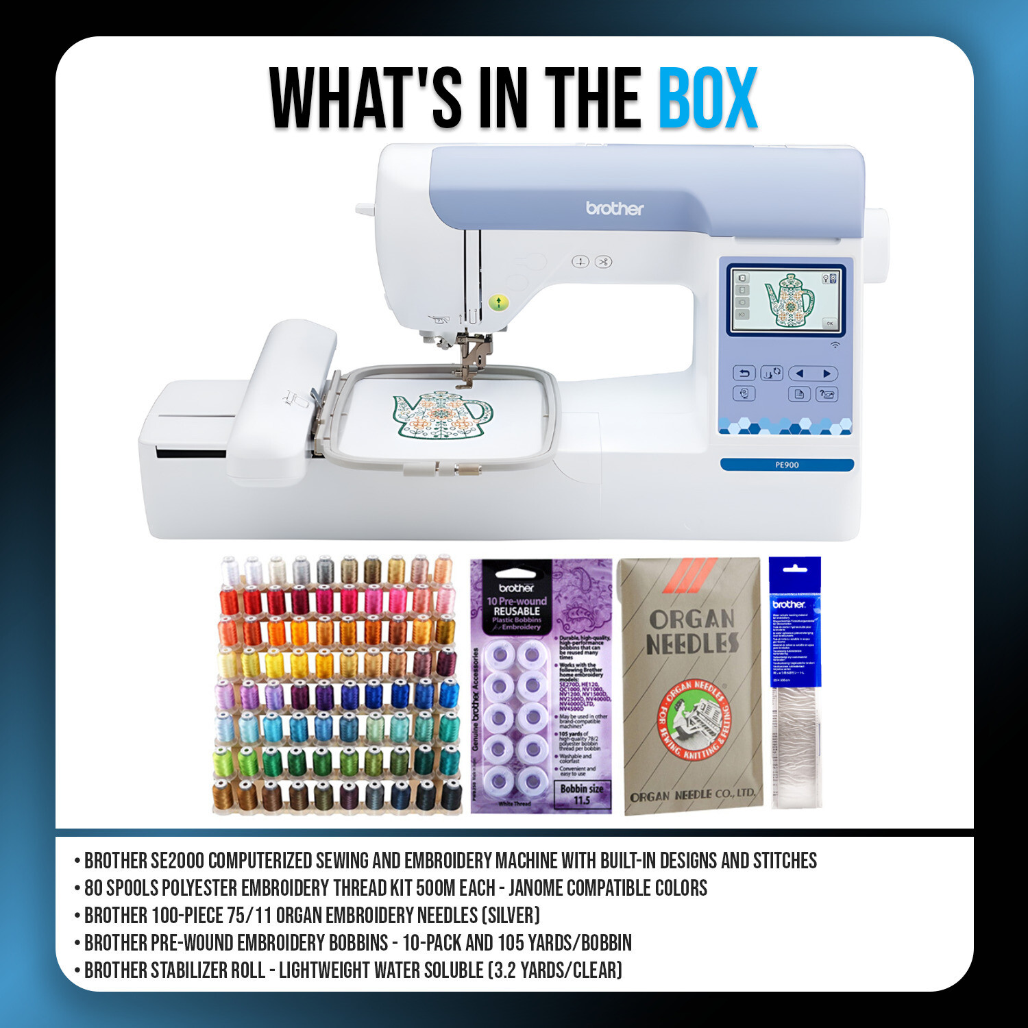 Brother Elite PE900 Large Embroidery Machine with Wireless LAN Bundle (5 Items)